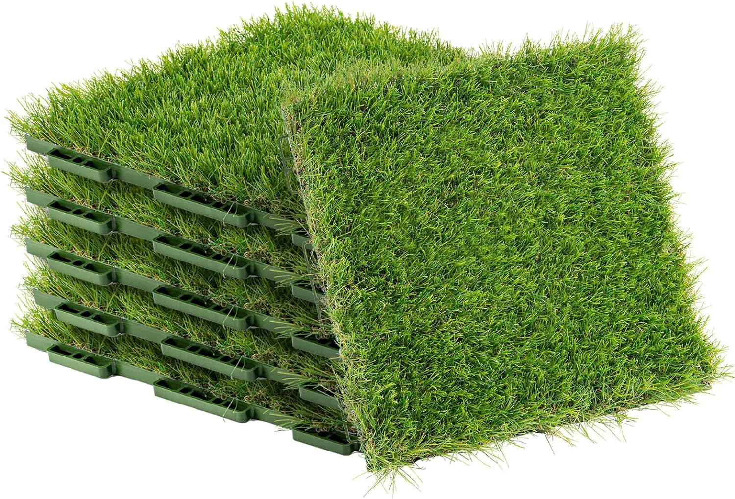 GROWNEER 1.57" H Interlocking Artificial Grass Tiles, 12" X 12" 6 Pcs Fake Grass Deck Turf Tiles with Upgrade Interlocking System Self-Draining for Pet Indoor/Outdoor, Backyard, Patio image number 2