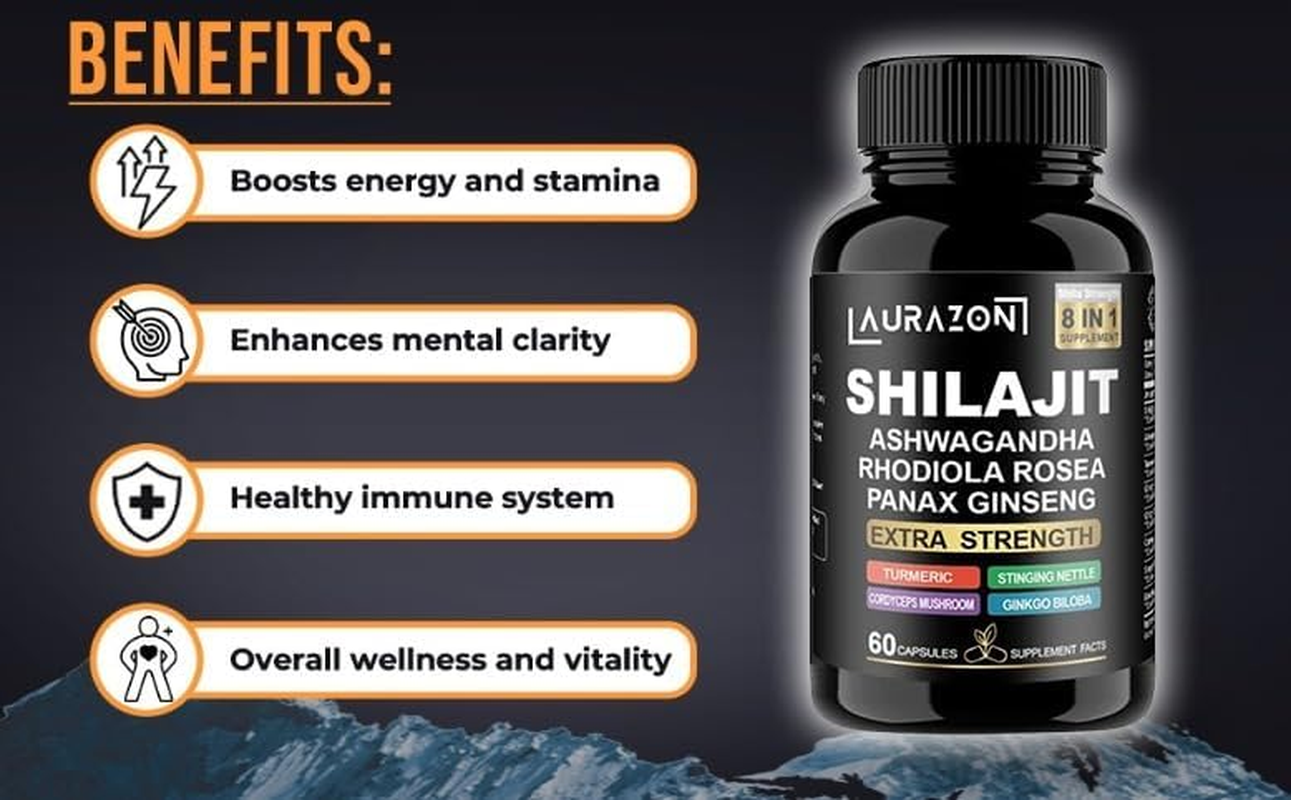 Aurazon Pure Himilayan Shilajit Enriched with Ashwagandha, Rhodiola Rosea & Panax Ginseng, High Strength 15250 Mg Shilajit Complex Capsules with 2 Months Supply for Both Men and Women image number 3