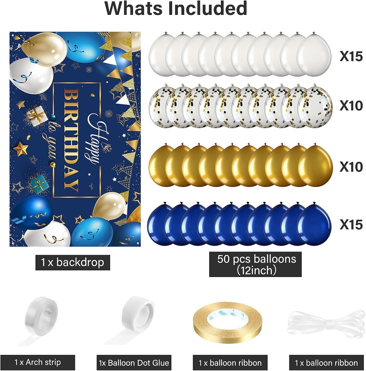 Navy Blue Birthday Confetti Balloons Kit, 50 Pieces Blue Happy Birthday Photography Backdrop Banner Package for Boys Girls Men Women Birthday Anniversary Party Decorations Supplies (Navy Blue, Gold) image number 6