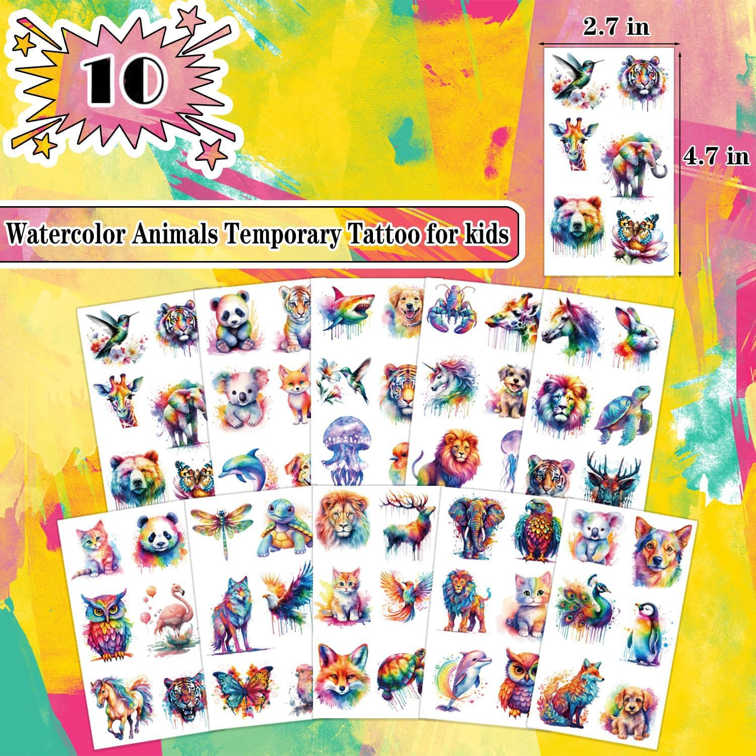 BUYLONG Kids Watercolor Animal Temporary Tattoos - 60 Styles for Girls Boys Body Arm Shoulder Tattoo Stickers Birthday Party Decoration Supplies Kids Gifts image number 2