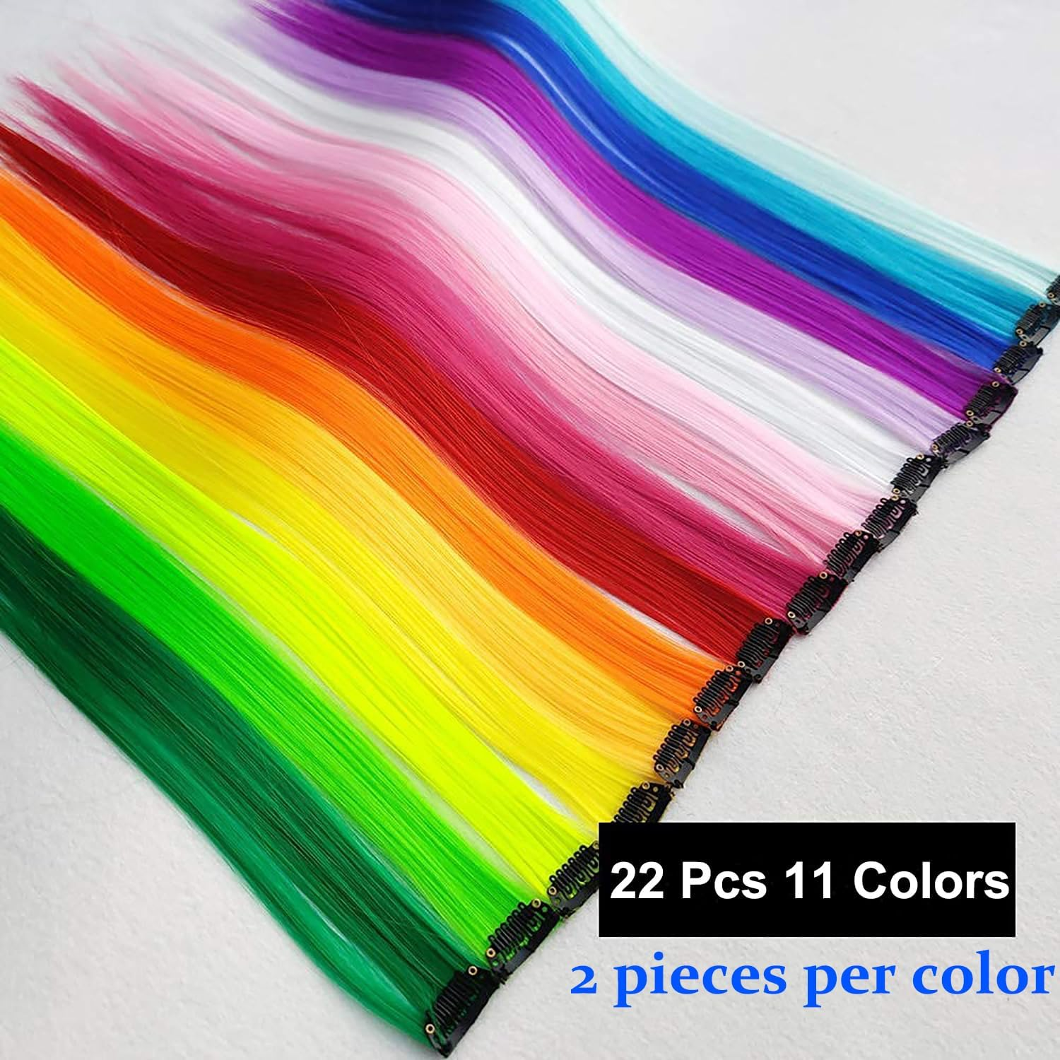 JOOTUEPO 22 PCS Colored Hair Extensions Clips, Colored Clip in Hair Extensions, Colorful Party Highlights Hairpieces Rainbow, Hair Accessories for Kids Girls Women image number 6