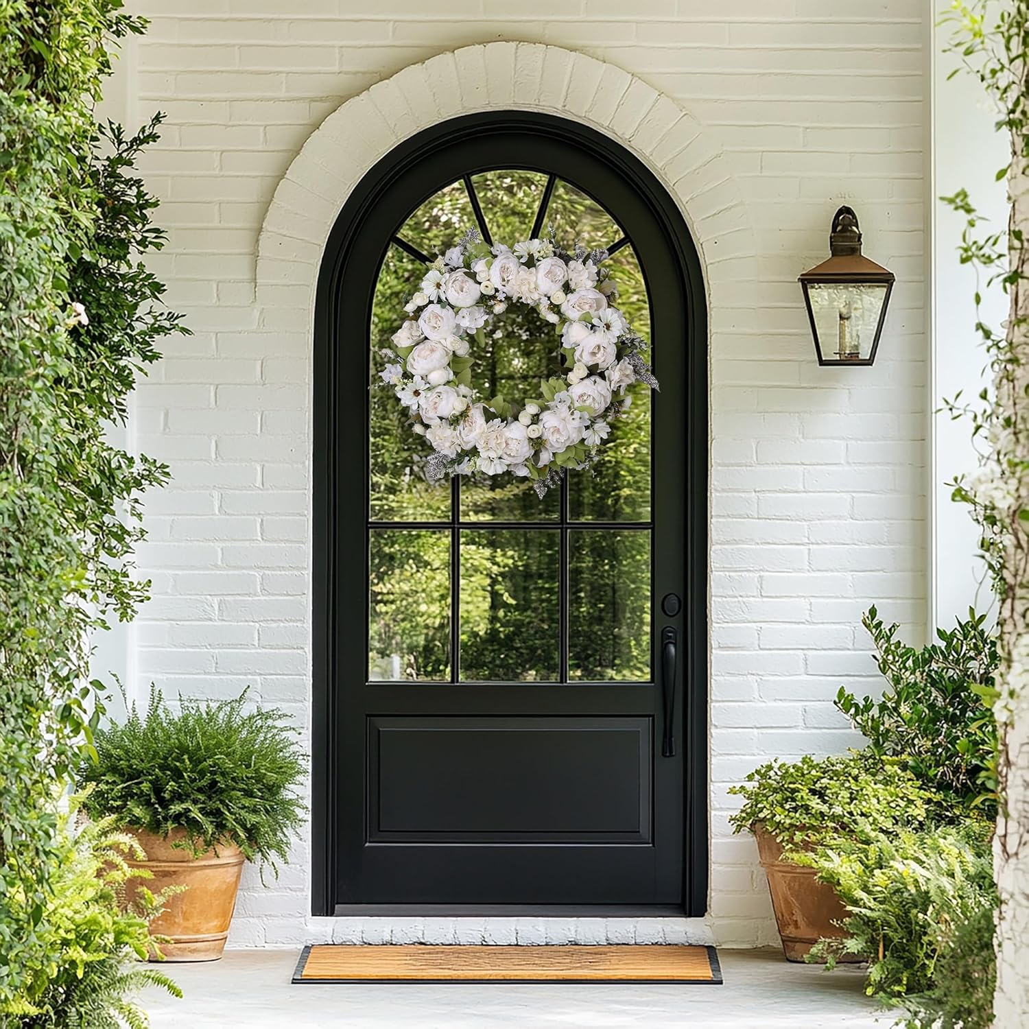 Peony Wreath 23" Floral Artificial Wreath for Front Door Wall Decor Home D&eacute;cor Festival Celebration Wedding Party New Owners Seasonal Decoration Housewarming Gifts Ezsenses (White) - White image number 3