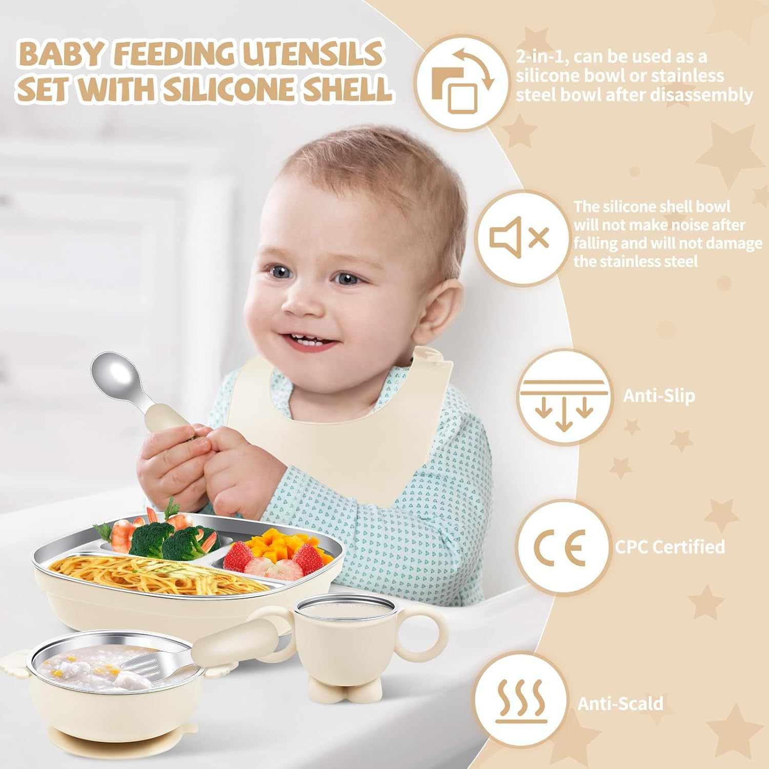 Baby Toddler Tableware Set, 6 PCS Stainless Steel Silicone Utensils, Durable & Spill-Proof, Baby Feeding Set Plates & Bowls, Cup, Forks Spoons & Silicone Bib, Bpa-Free, Dishwasher Safe image number 3