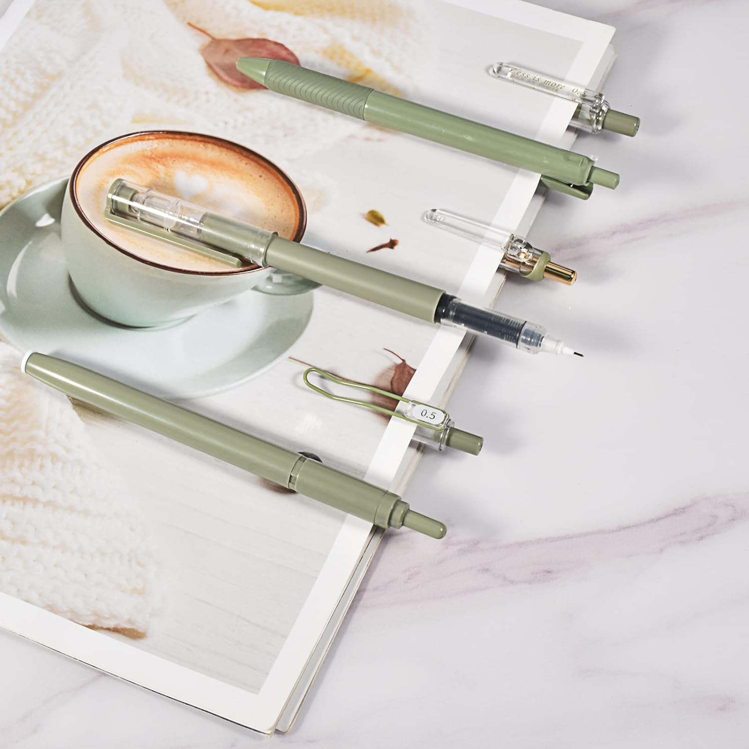 BAYTORY 5Pcs Gel Pens and 1Pc Highlighter, Quick Dry Ink Pen Fine Point Black 0.5Mm, Aesthetic Retractable Rolling Ball Pen Smooth Writing for Journaling (Green) image number 5