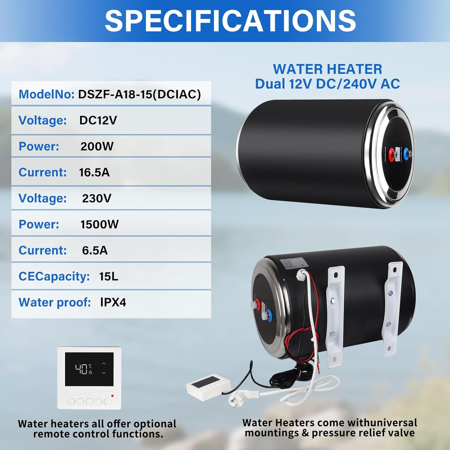 Dual Power Water Heater, 12V DC 200W/230V AC 1500W, 10L, for Caravan Camping AU Plug 230V RV Tank Water Heater, Instant for RV, for Camper with Double Power Supply & Remote Controller image number 4