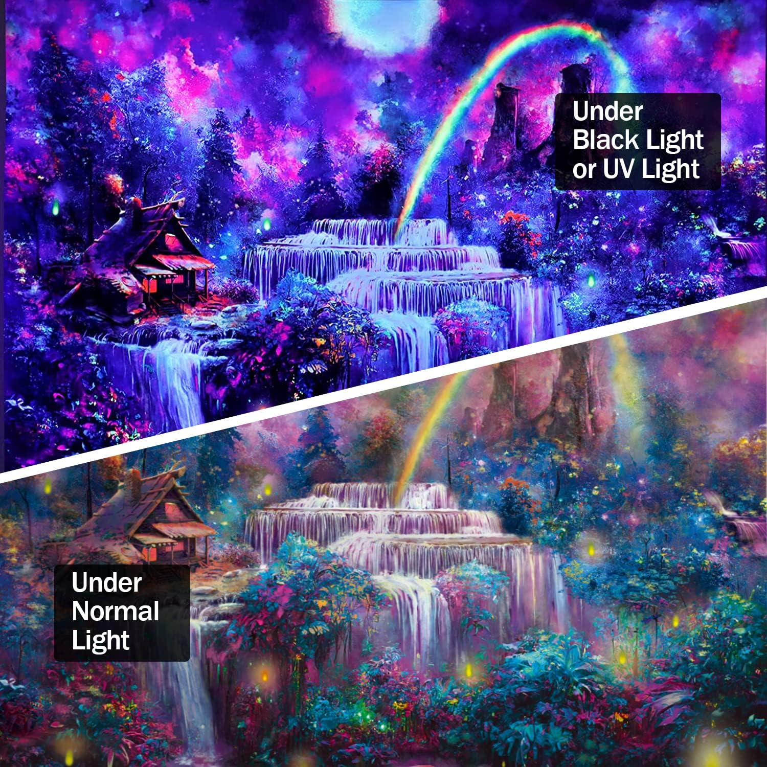 Wonrizon Blacklight Fantasy Forest Tapestry, Waterfall Rainbow Misty Jungle Plants Tapestries UV Reactive Wall Hanging Glow in the Dark Nature Landscape Decor for Bedroom Living Room (Waterfall image number 3