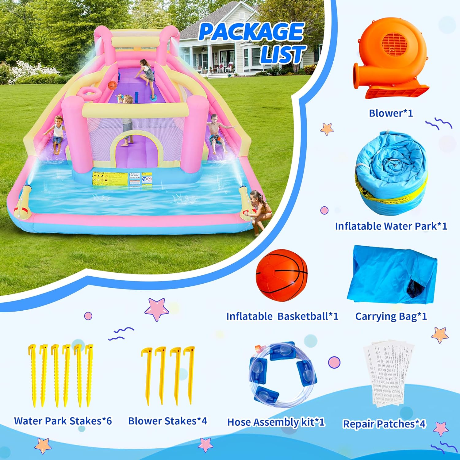 Inflatable Water Park with 2 Blow up Water Slides, 370 X 314 X 185 Cm Kids Water Park with Basketball Rim, Climbing Wall, Splash Pool, 2 Water Cannons and Blower image number 1