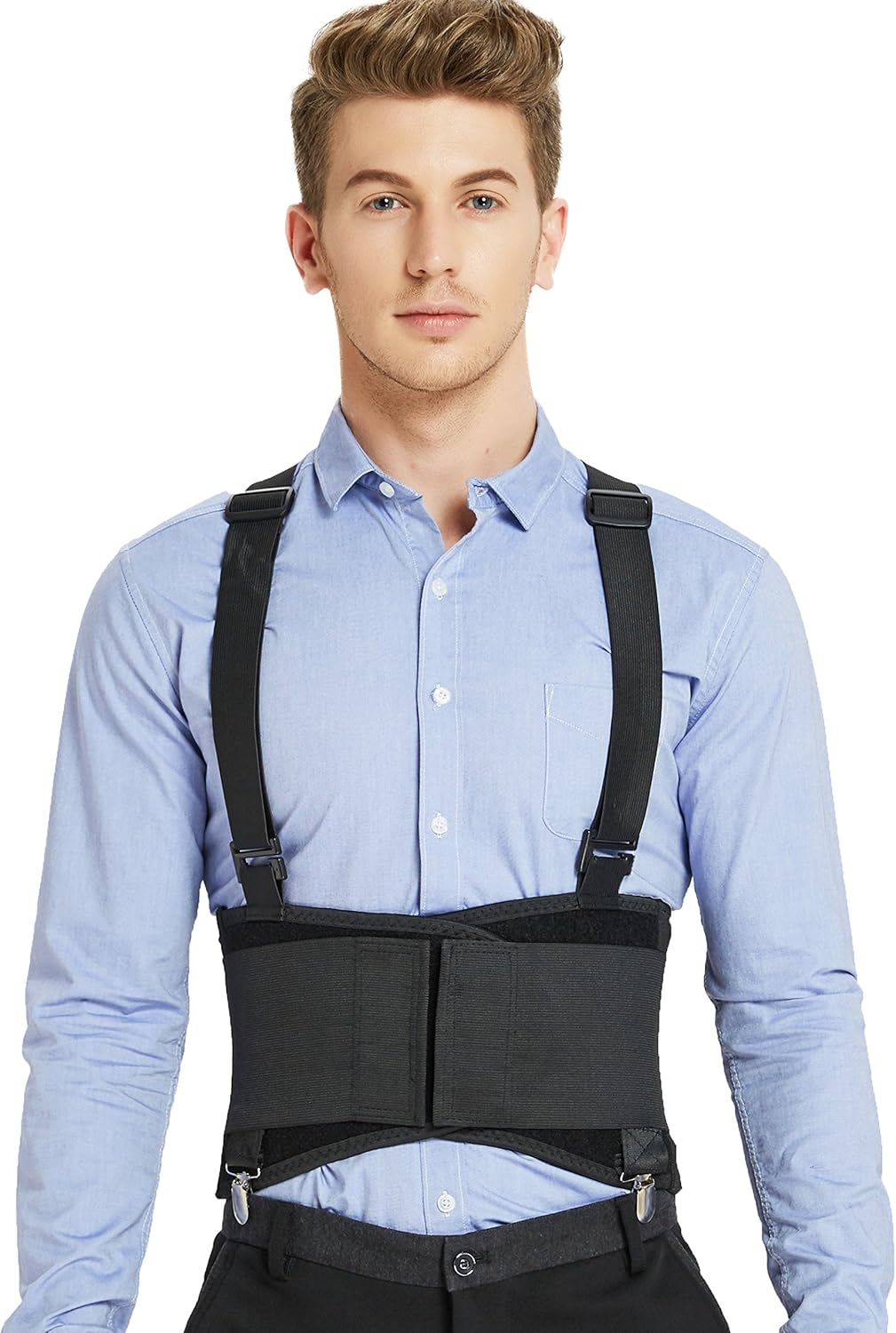 Back Support Belt with Detachable Suspenders & Removable Pants Clips - Lumbar Brace - Adjustable, Light, Breathable - Shoulder Holsters - Work, Posture - Neotech Care - Black - Size S