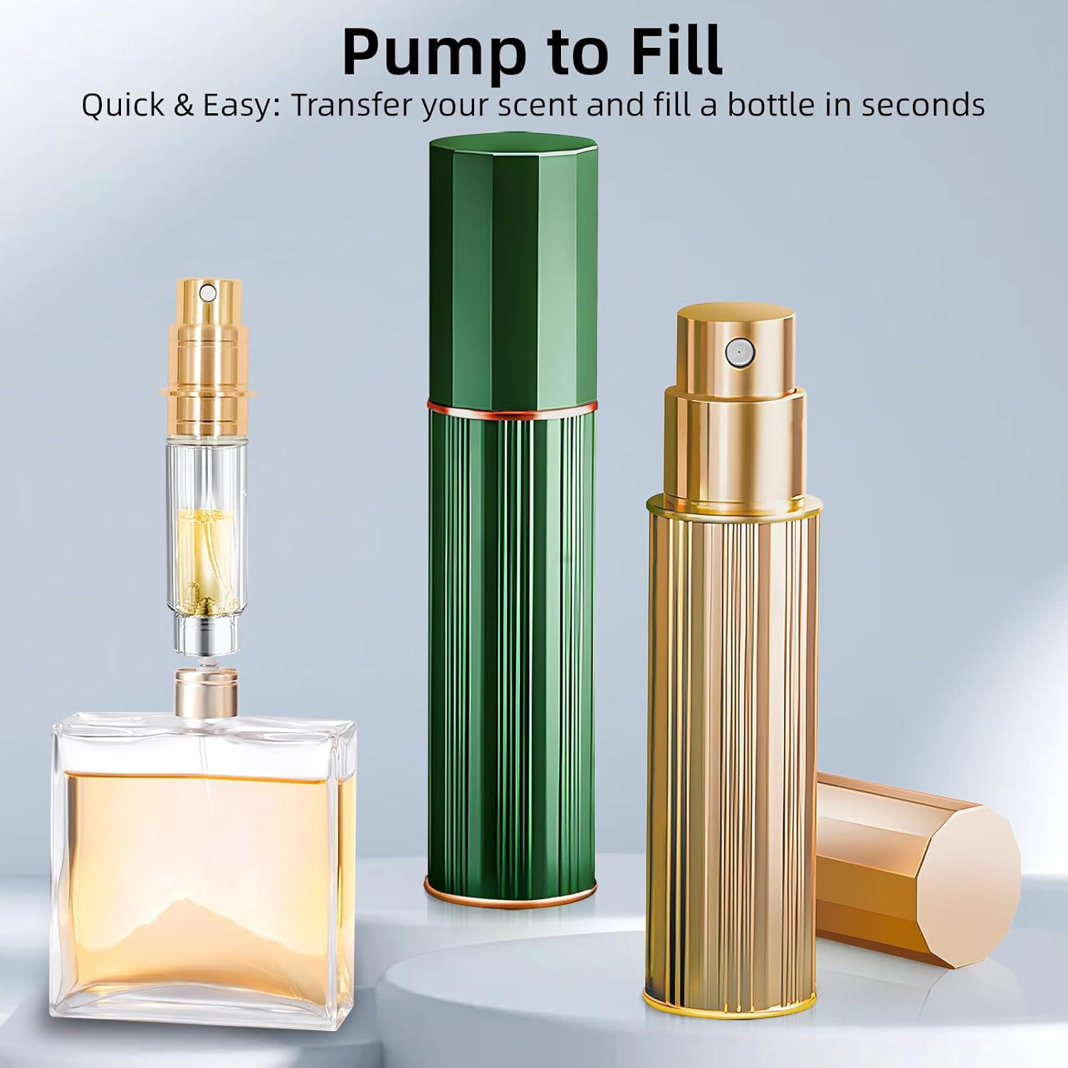 2 Pcs 10ML Perfume Atomiser Travel Bottle, Mini Perfume Spray Bottle Refillable, Leak-Proof, Fine Mist, Portable Travel Accessories for Women& Men Handbag Pocket Luggage, Gold & Green - Gold  Green image number 2