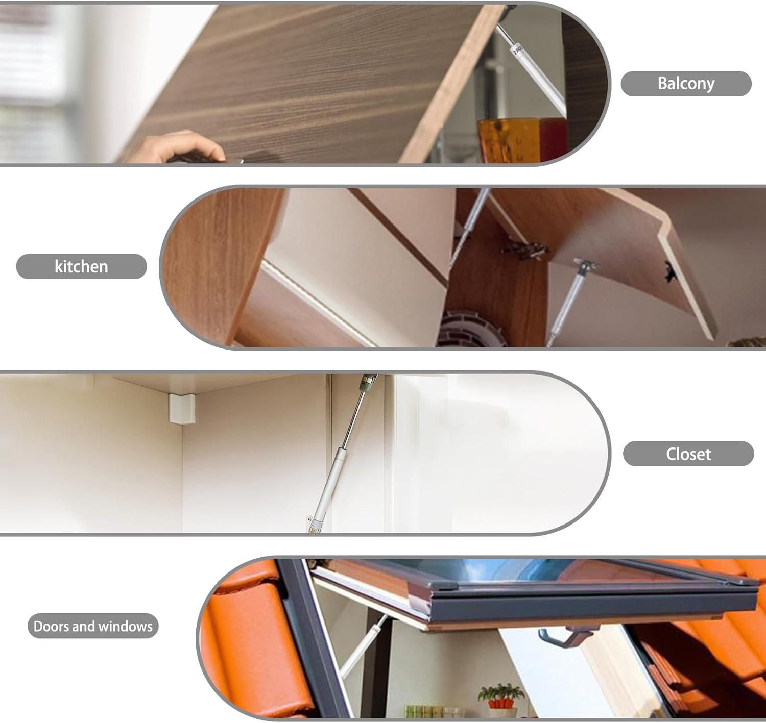 4 Pcs Gas Struts 200N, 20KG Gas Struts Heavy Duty Cabinet Door Hinges Gas Spring Strut Lift Stay Support Gas Strut for Kitchen Cupboard Wardrobe Cabinet Door, Silver image number 3