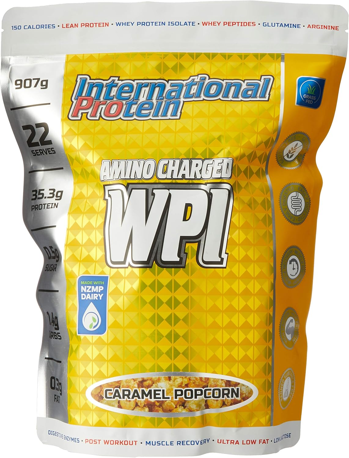 International Protein Amino Charged Caramel Popcorn Flavour Whey Protein Isolate Powder 907 G image number 1