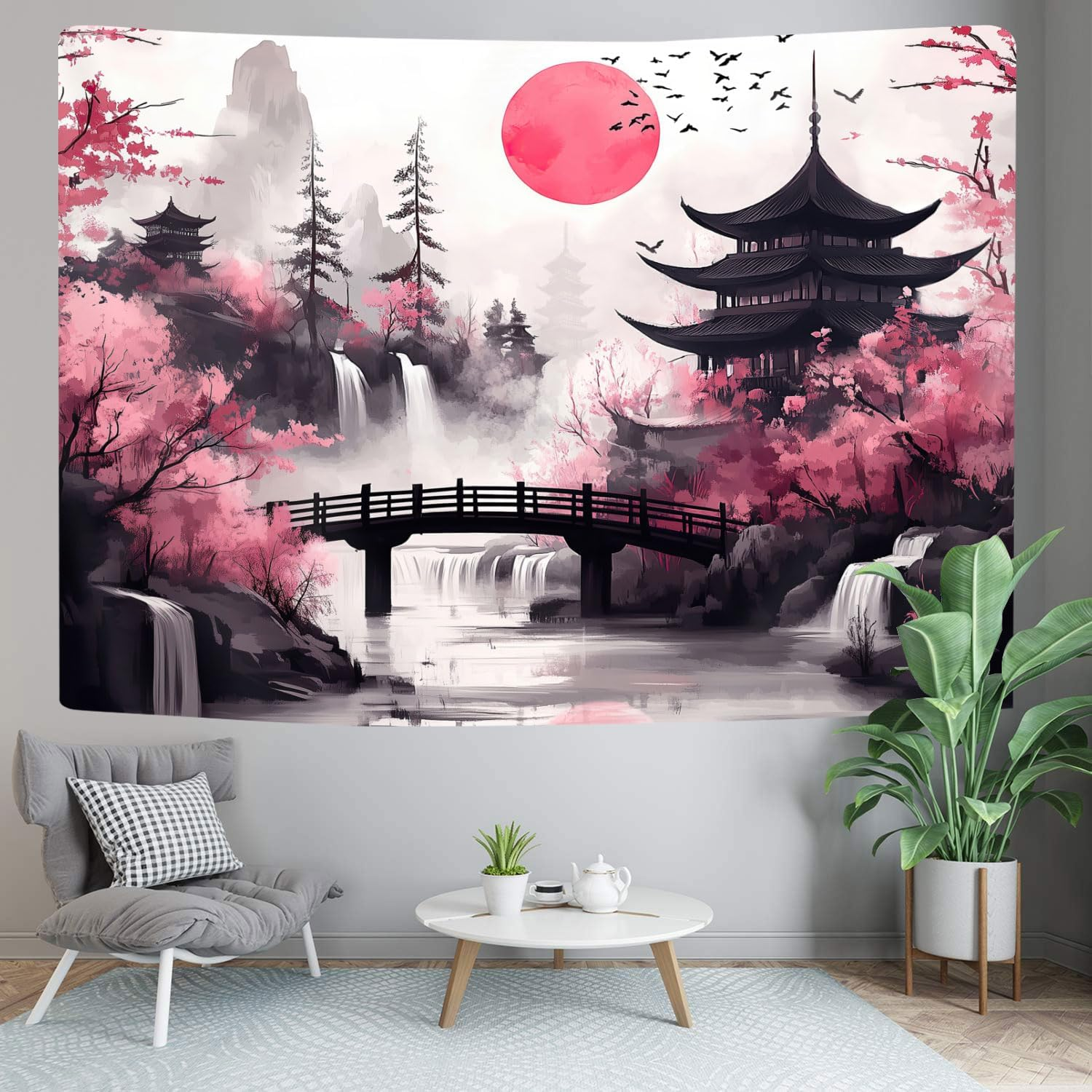 Japanese Anime Tapestry, Cool Japan Cherry Blossom Floral Mountain Waterfall Sun Asian Oriental Abstract Ink Art Tapestry, Black Pink Nature Landscape Tapestries for Living Room College Dorm, 80X60IN image number 4