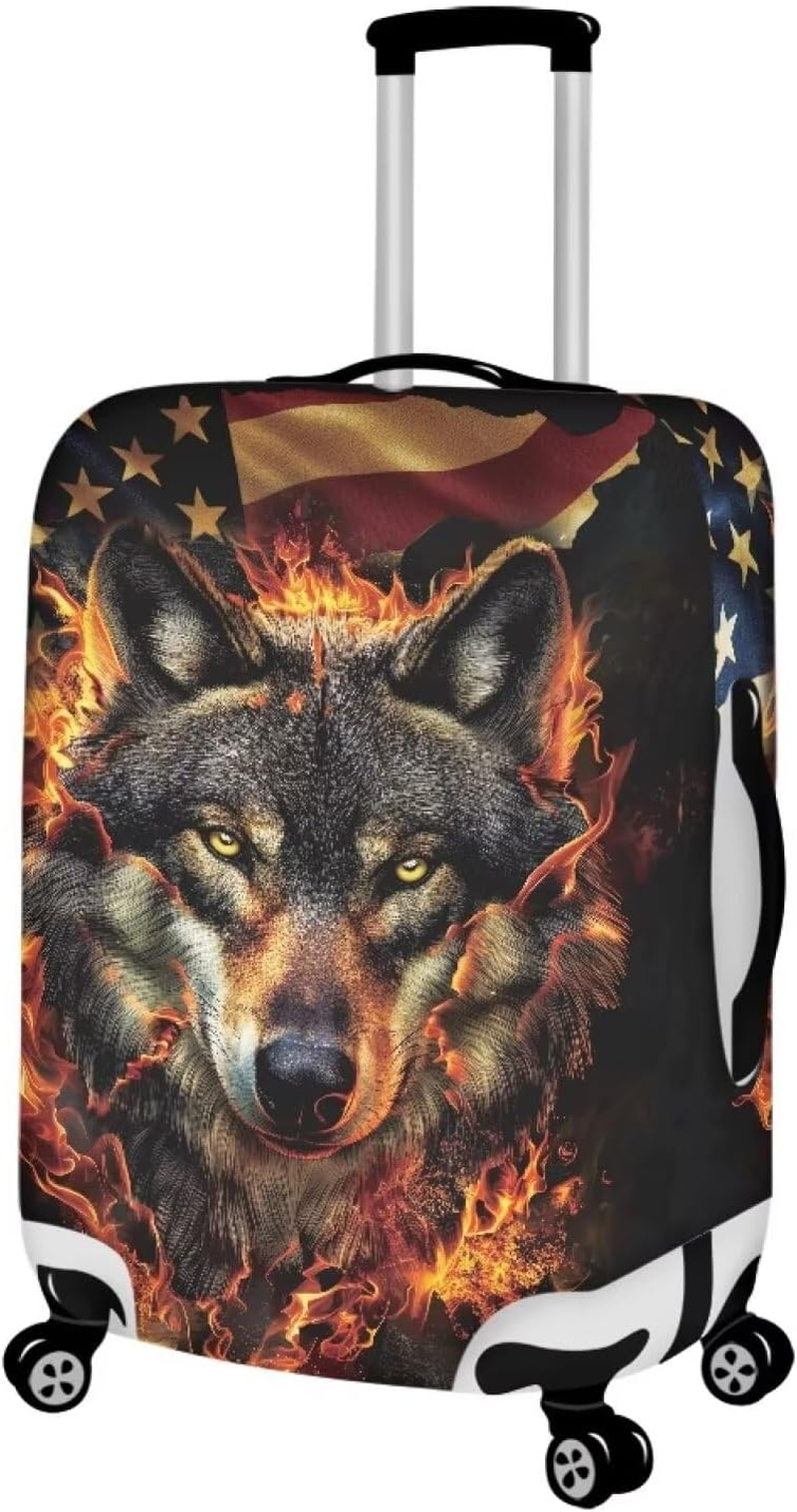 FOR U DESIGNS Luggage Cover Large Elastic Suitcase Cover Protector American Flag Wolf Print Luggage Case Cover Fit 18-21 Inch Travel Luggage Cover, American Flag Wolf, S(18"-21"Cover) image number 2