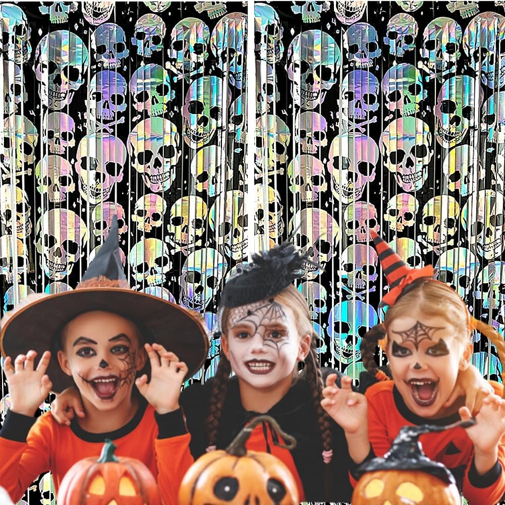 2 Pack 6.6Ft Halloween Foil Fringe Curtain, Holographic Skull Metallic Tinsel Streamer Spooky Party Photo Booth Props Backdrop for Wall Door Indoor Outdoor Decoration image number 4