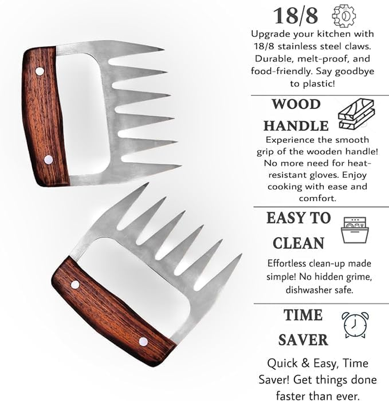 1 Pair Meat Shredder Claws,Bbq Pork Shredder,Walnut Wood Handle with 304 Stainless Steel Forks,Large Rivets,Best for Shredding,Pulling, Lifting, Serving,Chicken with 180Ml Professional Pepper Grinder image number 1