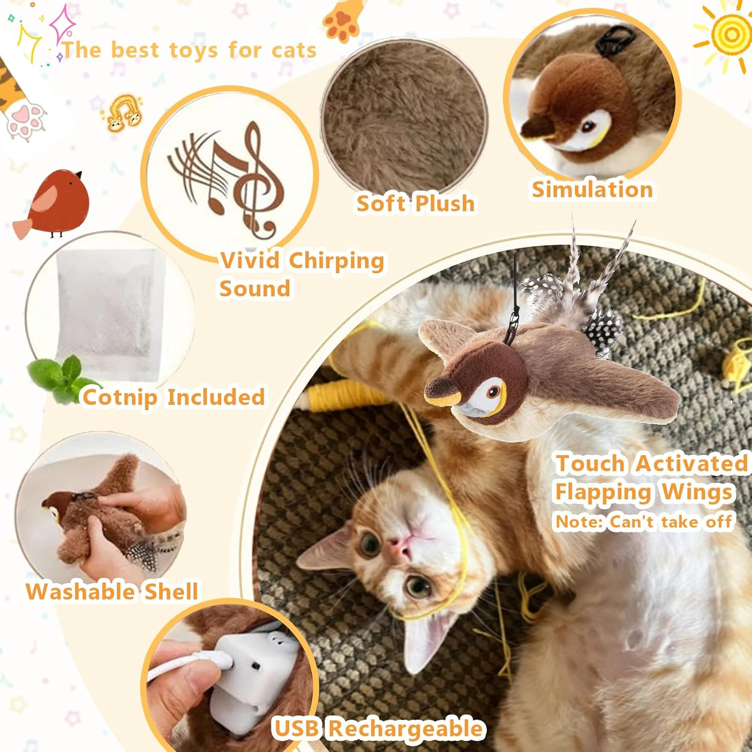 Flappy Bird Cat Toy, Simulated Flying Bird Interactive Cat Toy for Indoor Cats, Flapping Bird Cat Toy, Automatic Flapping Wings Sparrow Catnip Toys, Flappy Bird Toy for Cats to Bite image number 1