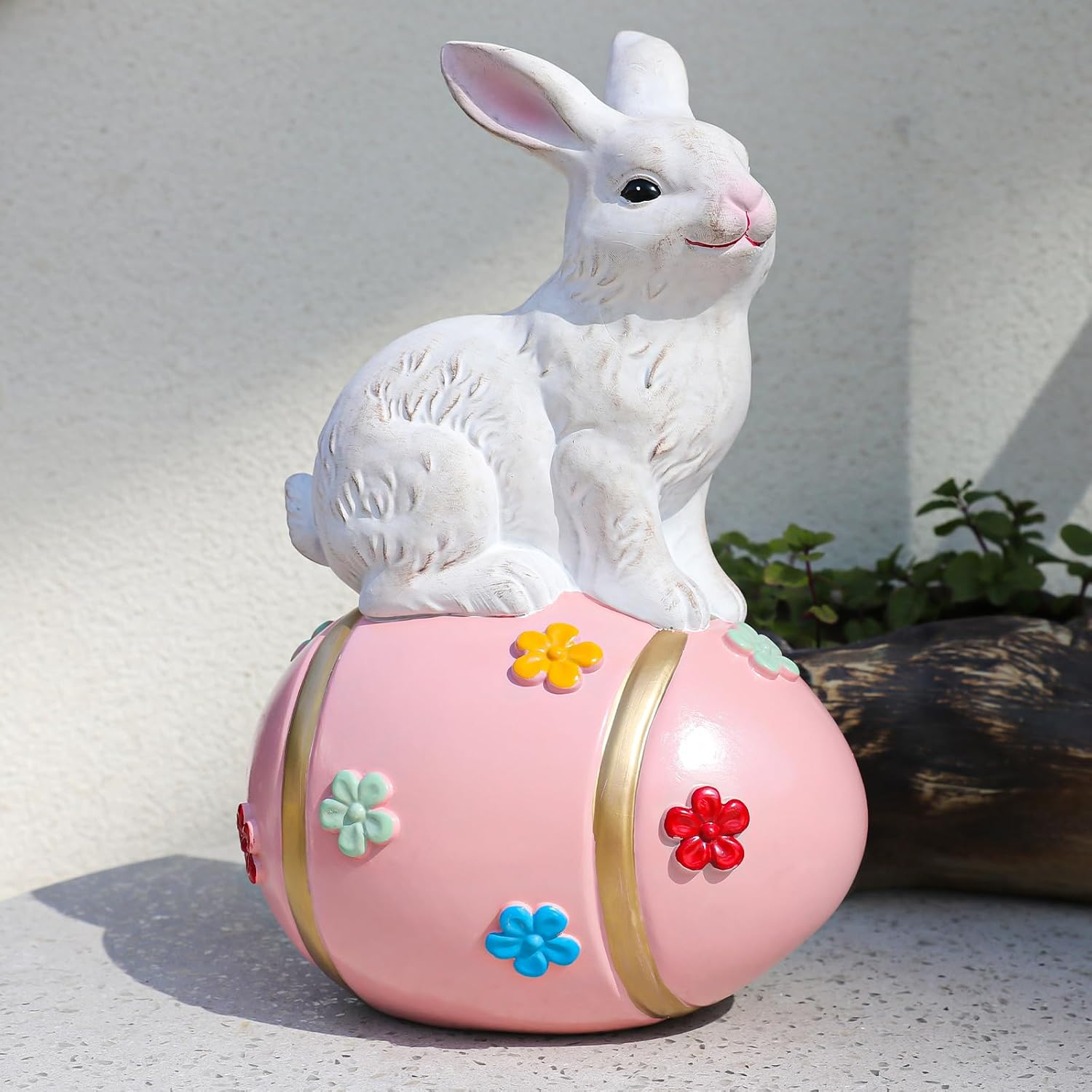 Large Rabbit Tabletop D&eacute;cor with Colorful Flowers Egg, Hand-Painted Bunny Figurine Statue for Spring Eater Party Indoor & Outdoor Decoration, Suitable Decor for Home, Office, Garden - Brown image number 4