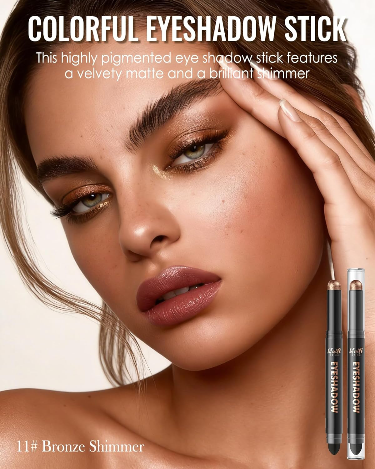 Bronze Glitter Eyeshadow Stick, Rotating Creamy Silky Eyeshadow Stick, Waterproof and Long-Lasting, Shimmer Eyeshadow Pencil Crayon with Smudger, Highly Pigmented Eye Makeup for Wrinkle Free 11 image number 6