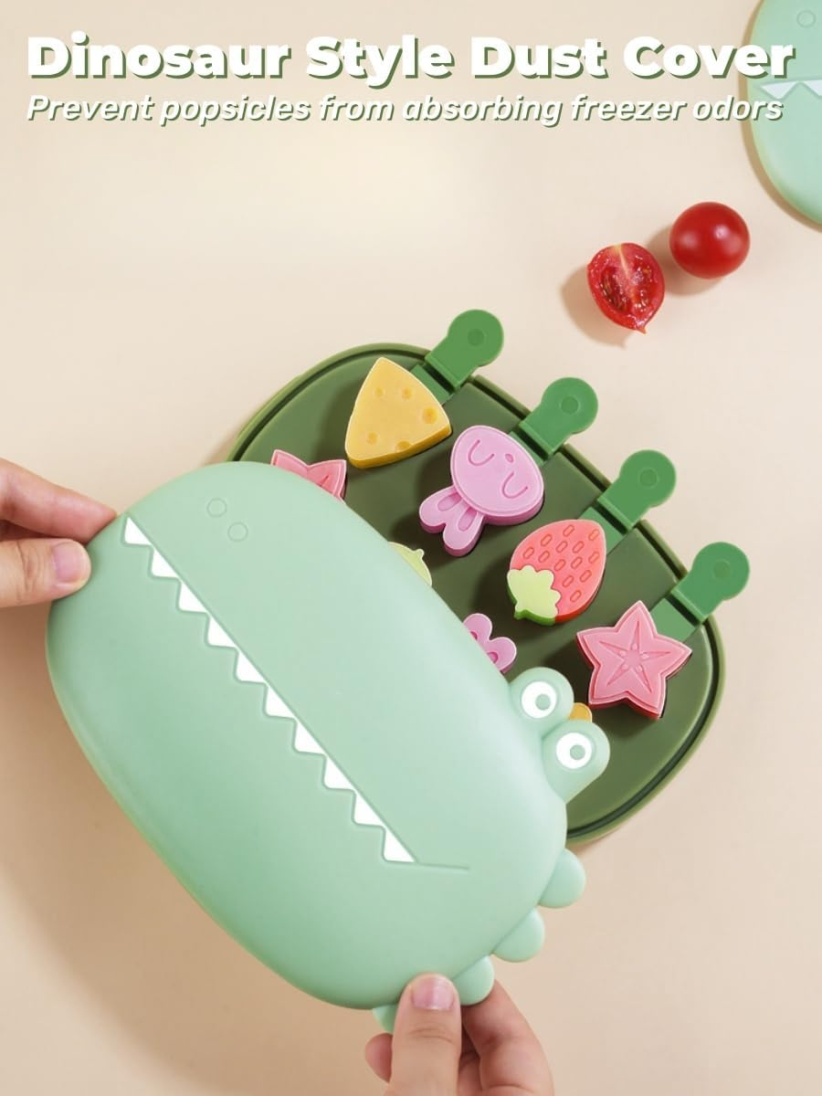 Silicone Popsicle Molds, Cute Cartoon Animal Flower Friut Bunny Molds, Mini Size Reusable Cake Pop Mold Set with Lid and Stick, Easy Release BPA Free (Green-Crocodile(8 Pieces))