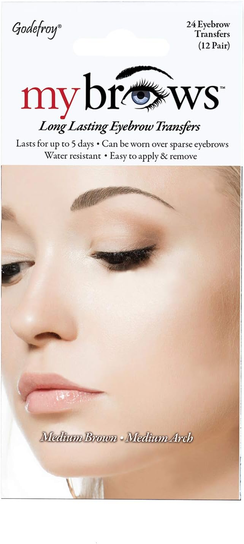 Godefroy Mybrows Long Lasting Eyebrow Transfers, Medium Arch, Medium Brown, 12-Pairs of Brows
