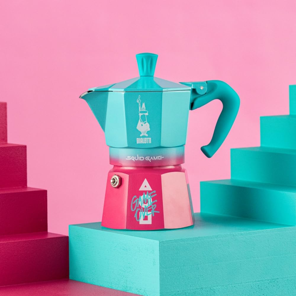 Bialetti Moka Express &ndash; Squid Game Collection | Iconic Stovetop Espresso Maker | Makes Real Italian Coffee | 3 Cup Moka Pot (130 Ml) | Aluminium | Pink and Teal image number 3