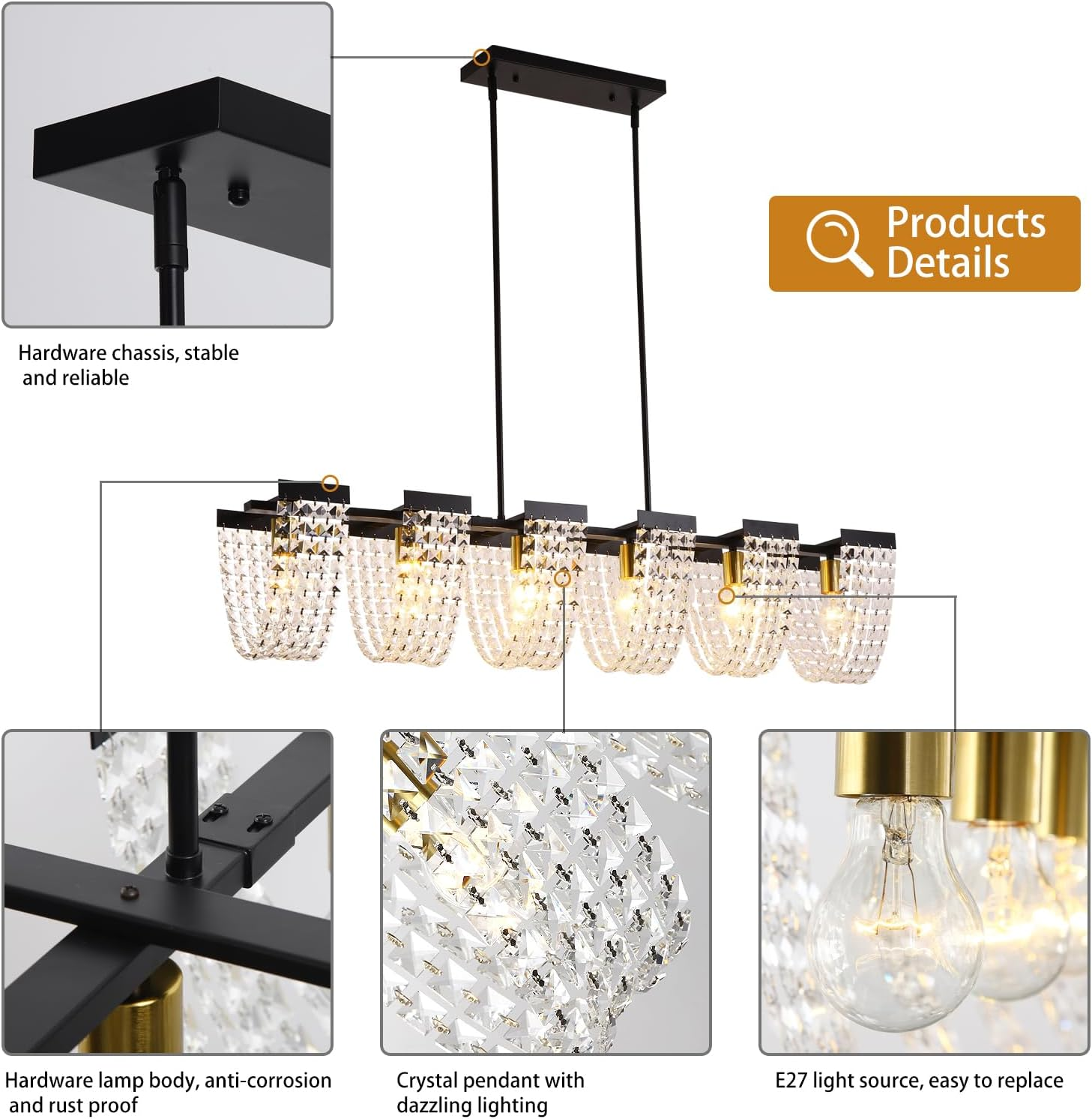 Ganeed 6-Light Kitchen Island Lighting, Farmhouse Crystal Chandelier Vintage Linear Pendant Light Fixture for Dining Room Living Room (E27 Bulbs, Not Included)