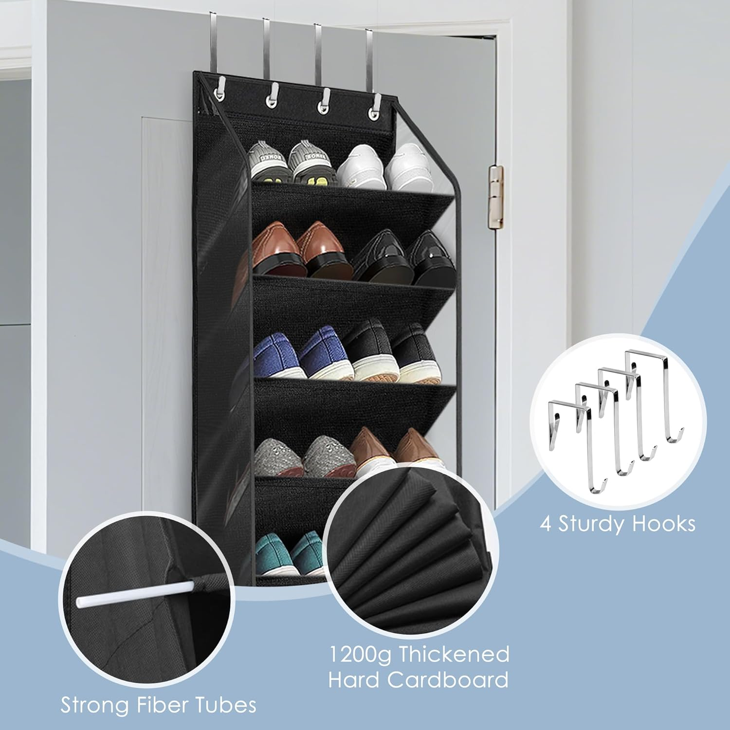 Ipow 10-Tier over the Door Shoe Organiser Storage, 180X42Cm Oxford Fabric Rack with 1200G Cardboard, Heavy Duty Space Saving Storage for Sneakers image number 4