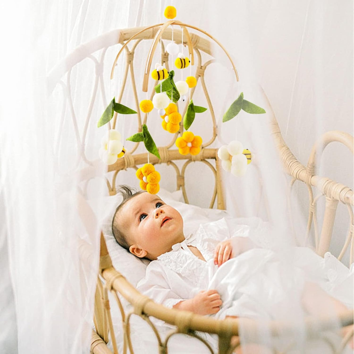IEATFO Baby Mobile for Crib Crib Nursery Mobile for Boys Girls Boho Bee Flower Nursery Decor Soothe Toy Baby Shower Set for Infant Bedroom Hanging Decoration Toy(Bee) image number 2