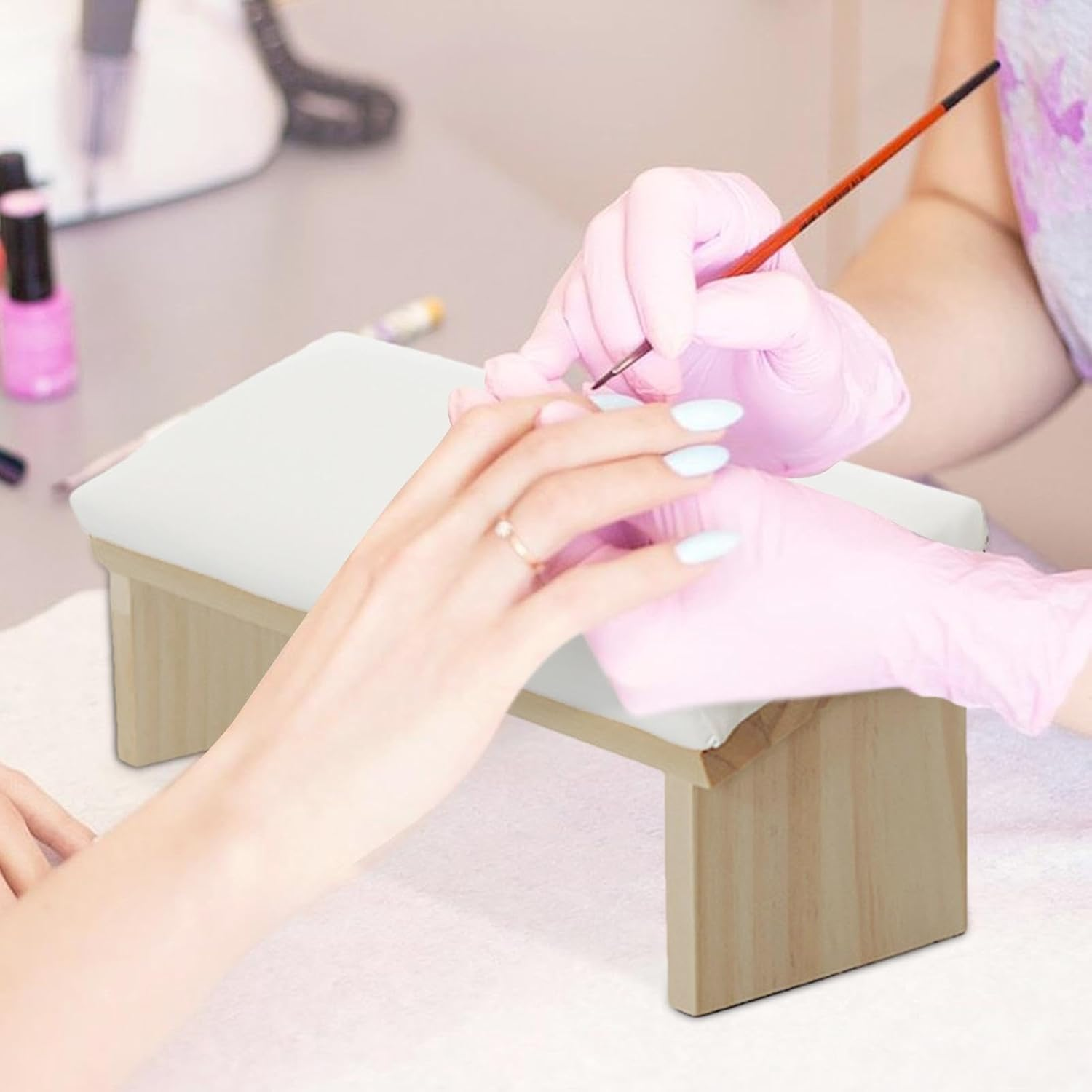 Nail Arm Rest,Wooden Leather Manicure Hand Rest in Bevel Design Comfortable Nail Polishing Arm Rest (White) image number 4