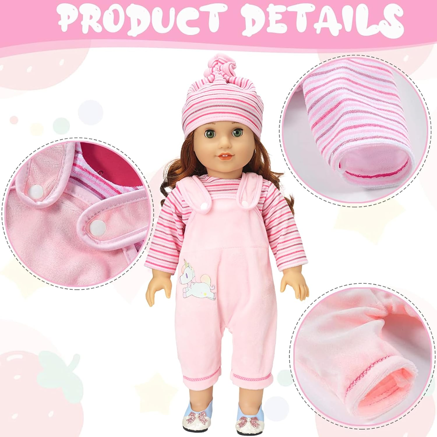 Doll Clothes for 18 Inch Baby Dolls, Sweet Outfits Jumpsuit Top Hat and Socks for 35-45 Cm New Born Baby Dolls Girls Birthday (Pink)(No Doll) image number 5