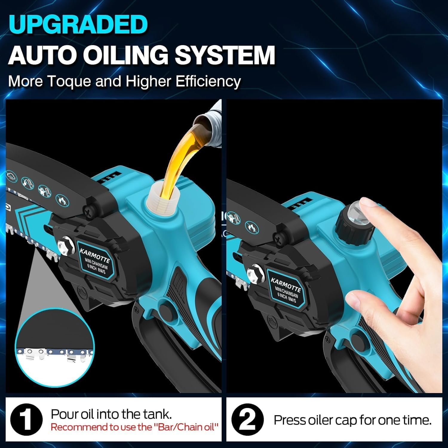 Mini Chainsaw Cordless 6 Inch, Handhled Chainsaw with 2 Batteries & Auto Oiling System, Electric Chain Saw for Tree/Wood Cutting, Christmas Birthday Gifts for Men Dad Him Stocking Stuffers image number 3