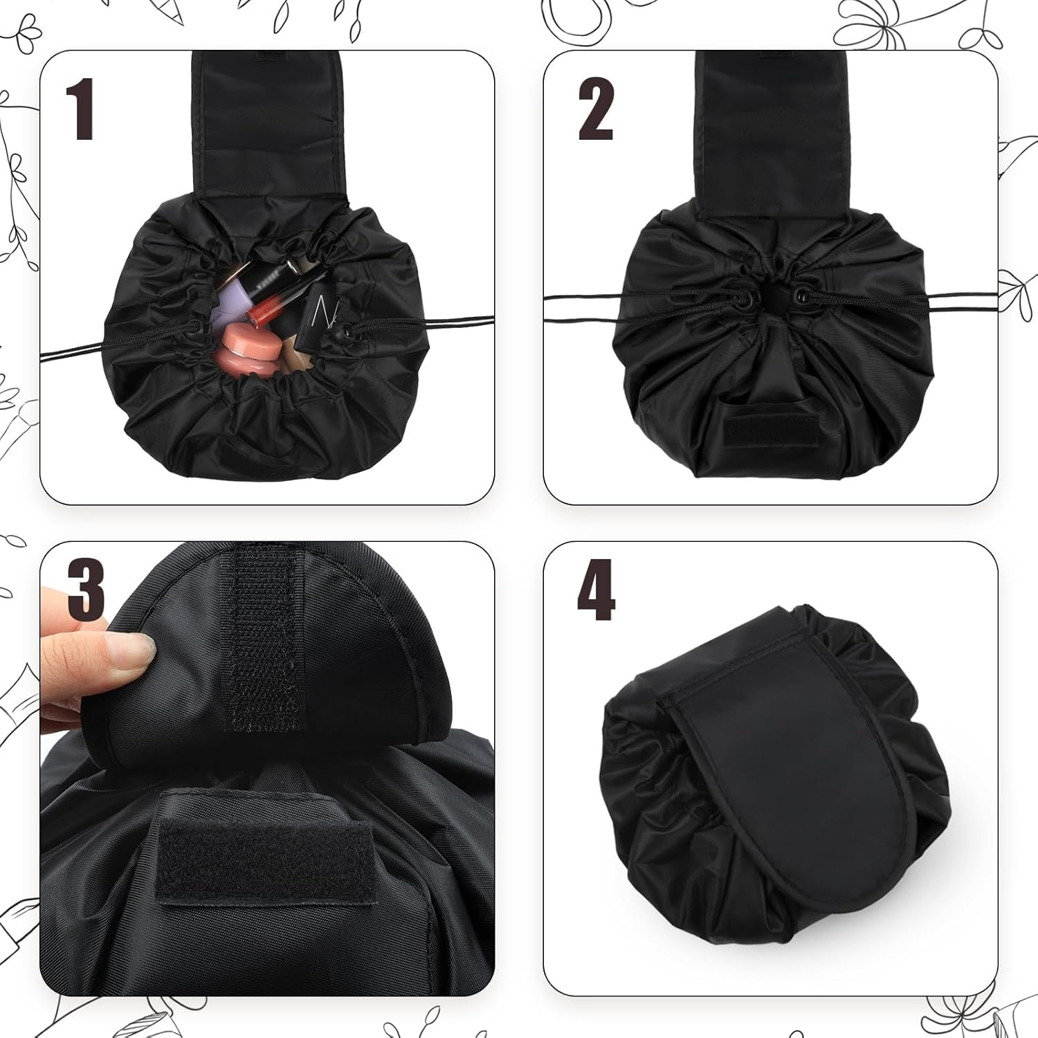 Lazy Drawstring Flat-Lay Cosmetic Makeup Bag for Women'S Travel and Storage(Black) image number 1