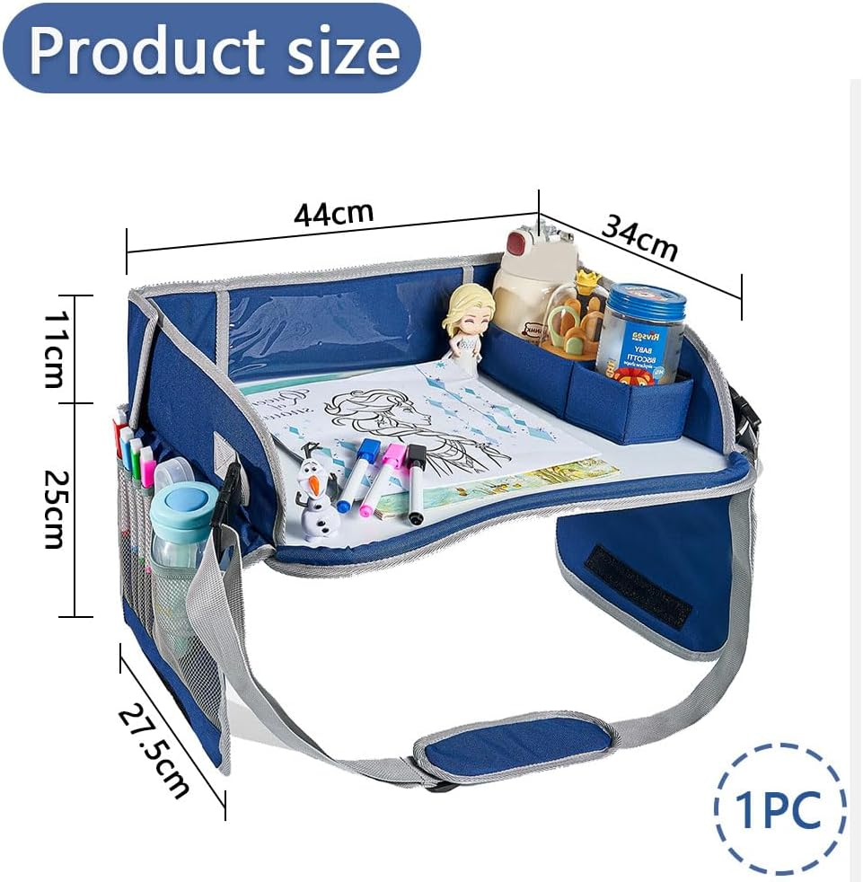 HYAVIA Kids Travel Tray with Whiteboard, Car Seat Drawing Board for Toddlers, Portable Activity Lap Tray with Storage Pockets & Adjustable Strap, Navy Blue, 44&times;34&times;11Cm image number 5