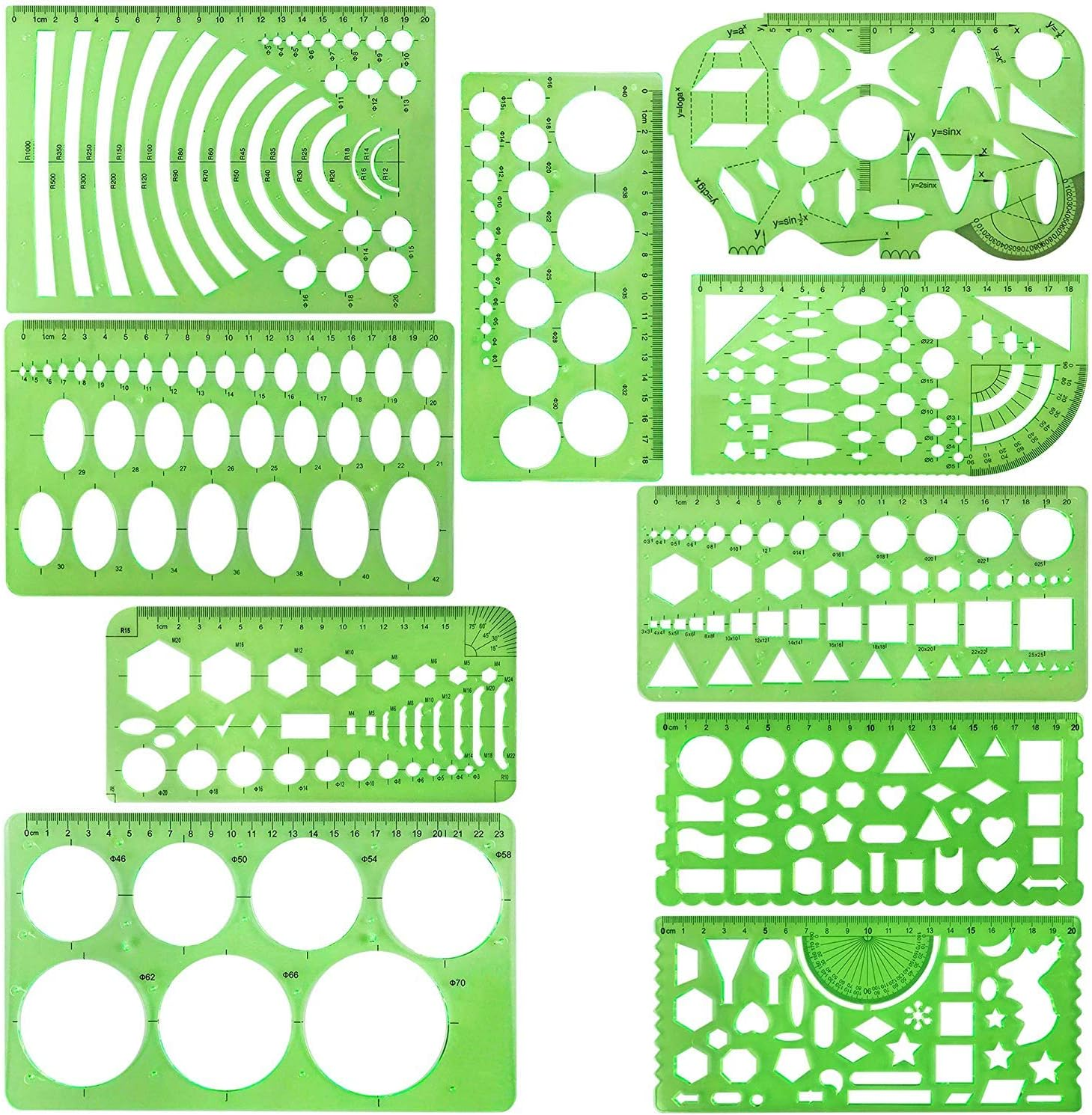 Onwon 10 Pieces Drawings Templates Stencils Measuring Templates Clear Green Plastic Geometric Rulers Draft Rulers for Drawing Engineering Drafting Building School Office Supplies image number 1