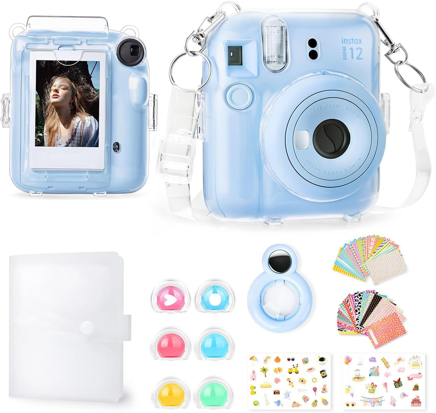 Rieibi Clear Case Compatible with Fuji Instax Mini 12, Hard Carrying Case Bag for Fujifilm Instax Mini 12 Instant Camera, PC Cover with Photo Storage Pocket & Shoulder Strap