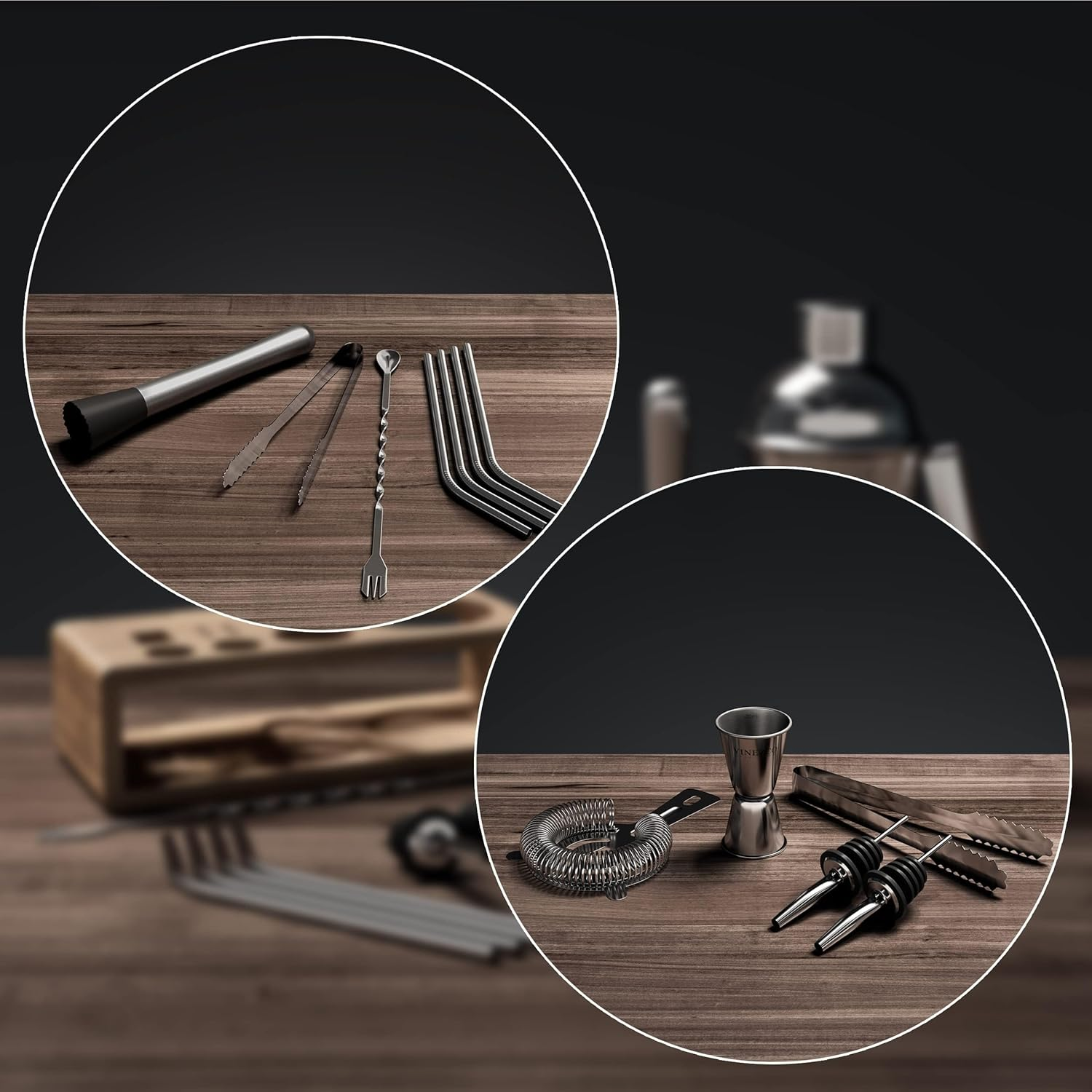 Cocktail Shaker Set with Stand + Recipes | Premium Stainless Steel Bar Kit: Strainer Double Jigger Mixing Spoon | Pro Bartender Making Drinks - Mojito Martini Gin Tonic Maker Party Gift Box, Women Men image number 3