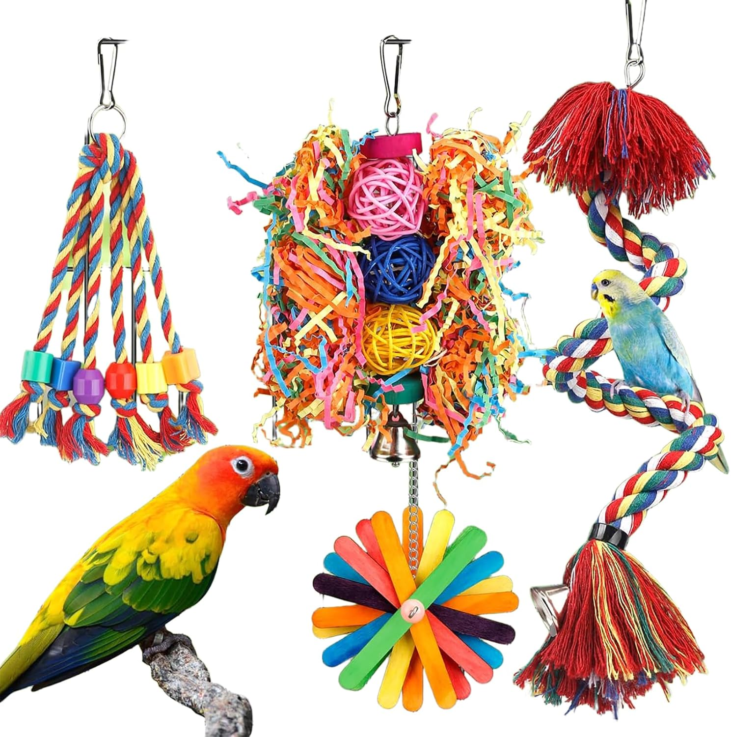 Velmoriah 5PCS Colorful Bird Toys for Parakeets, Parrot Chewing Shredding Foraging Toys Rope Perch with Bells, Bird Swing Climbing Standing Hanging Toys for Conure Cockatiel Budgies Lovebird image number 4