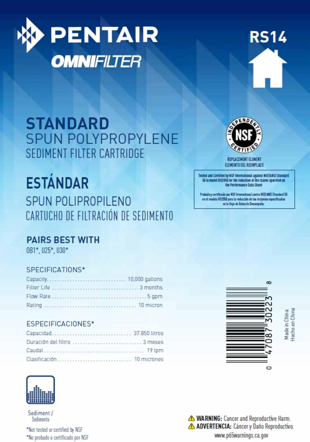 Pentair Omnifilter RS14 Sediment Water Filter, 10-Inch, Standard Whole House Polypropylene Spun Sediment Replacement Filter Cartridge, 10" X 2.5", 10 Micron, Pack of 1 image number 4
