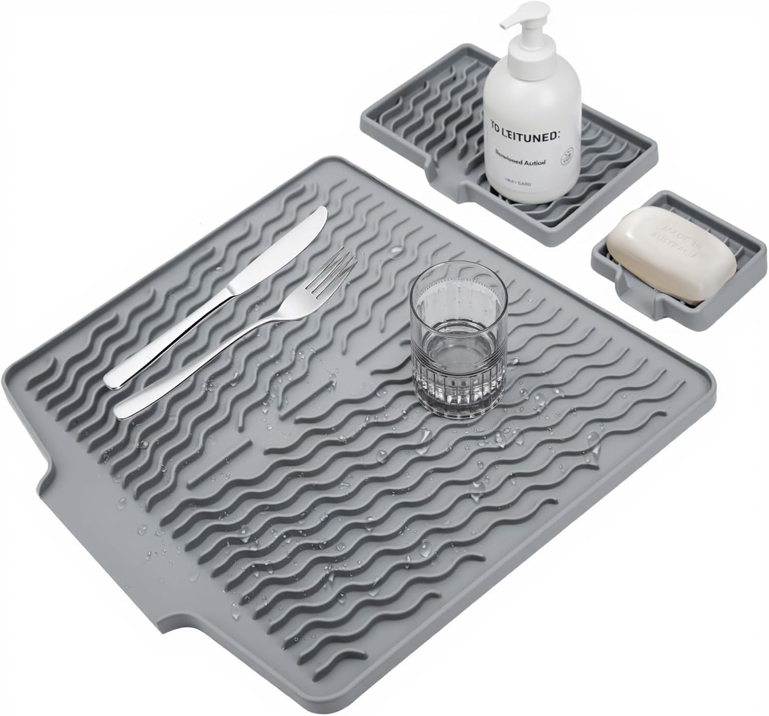 Silicone Dish Drying Mat for Kitchen Counter,Non Slip Drain Pad,Dish Drying Mats with Built in Drain,Large Dish Drying Mat,Silicone Soap Dish,Easy to Clean Drying Pad.Set of 3(Grey)
