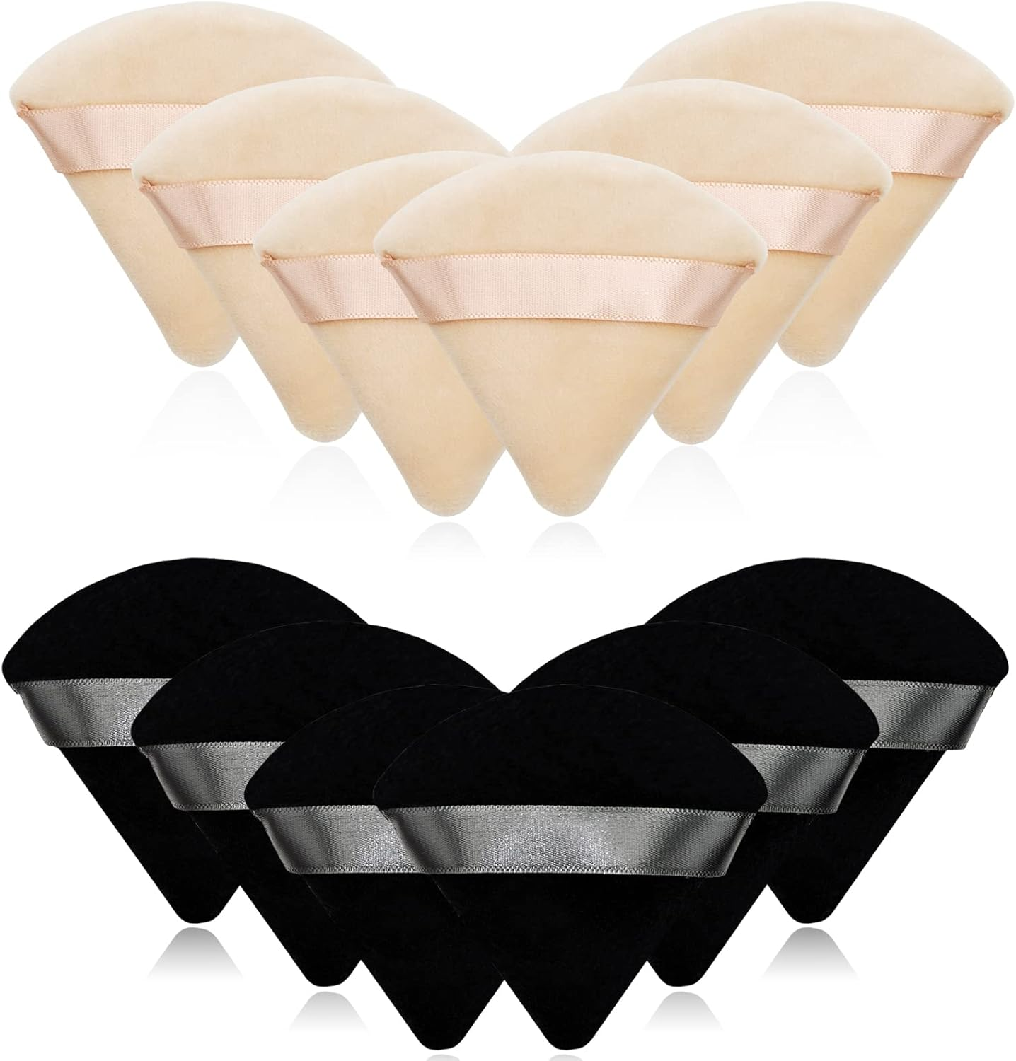 12 Pieces Cosmetic Powder Puff,2.76 Inch Portable Soft Sponge Setting Face Puffs,Triangle Velvet Powder Puff with Ribbon Band Handle for Loose Powder Body Powder Makeup Tool(Black,Nude)