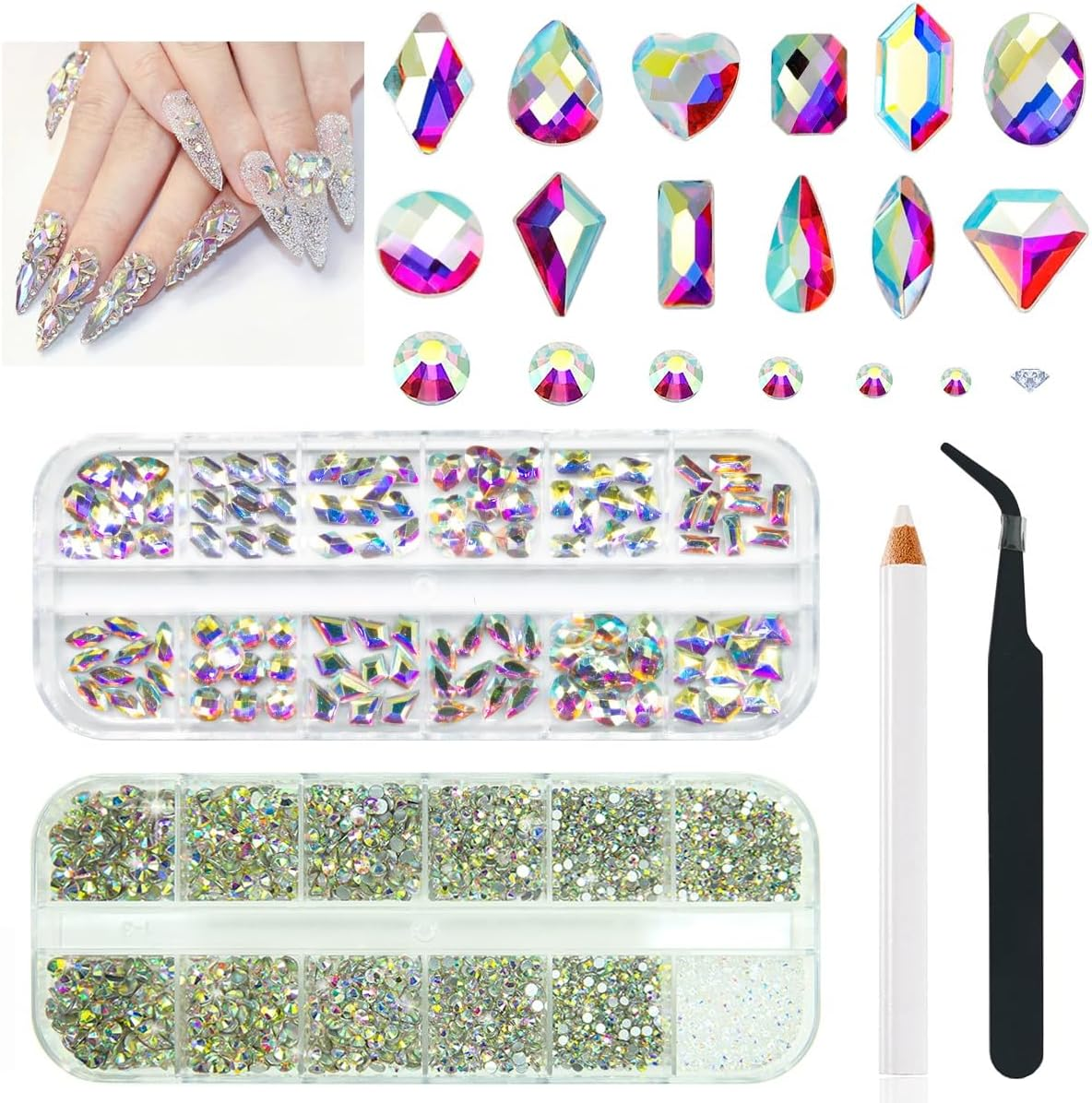 Qiipii 4080Pcs Crystal AB Nail Rhinestones AB Flatback Rhinestones for Nails Nail Art Gems round Beads K9 Glass Stones Diamonds Jewels Nail Charms Supplies for Nail Face Eyes Makeup Clothes DIY Crafts