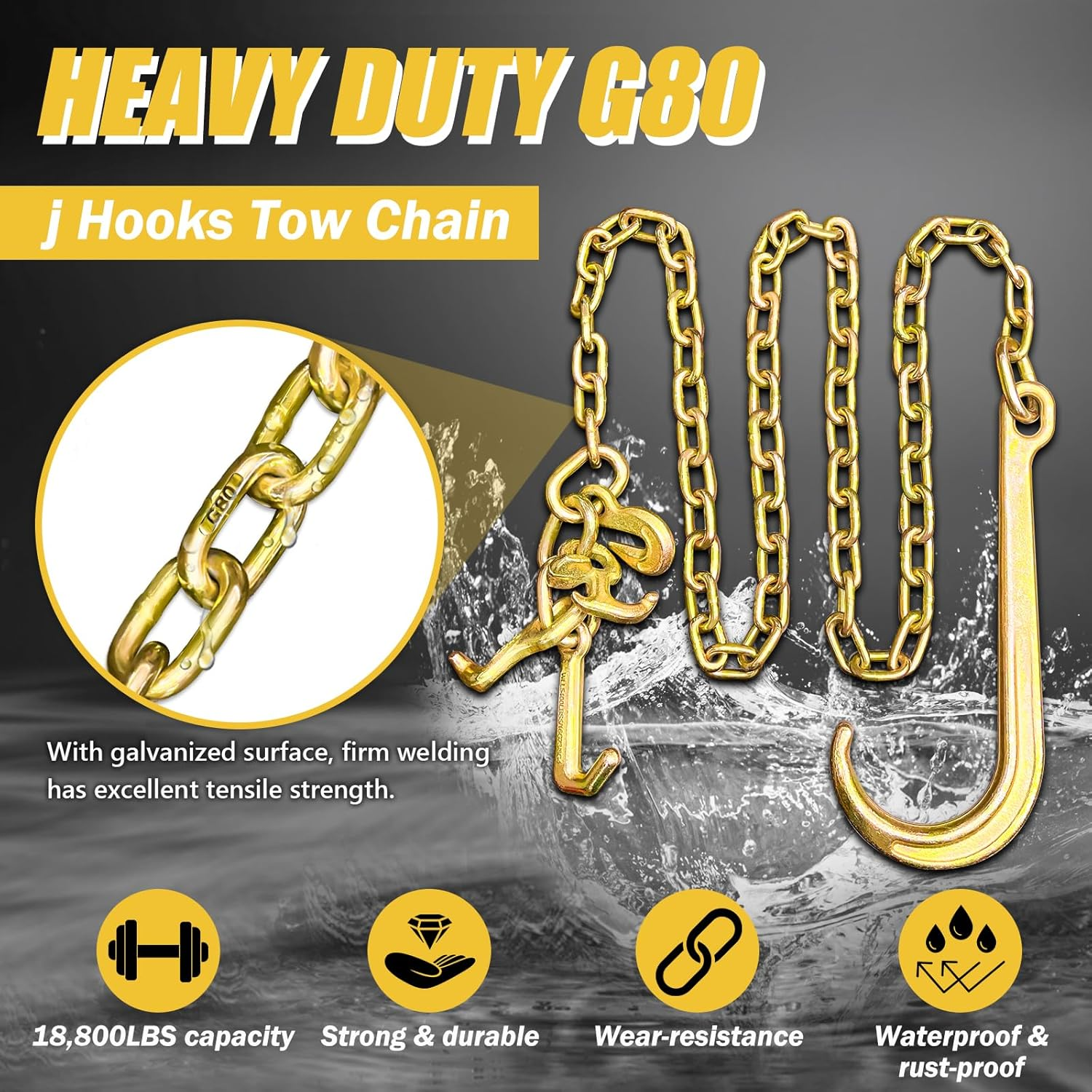 G80 J Hooks Tow Chain, 5/16" X 6' Recovery Tow Hooks Chain 15IN J Hook W/Rtj & Grab Hook, 18800LBS Tow Truck Accessories J Hooks, Bridle Tow Transport Chain, Wrecker Towing Truck Equipment, 2PCS image number 7