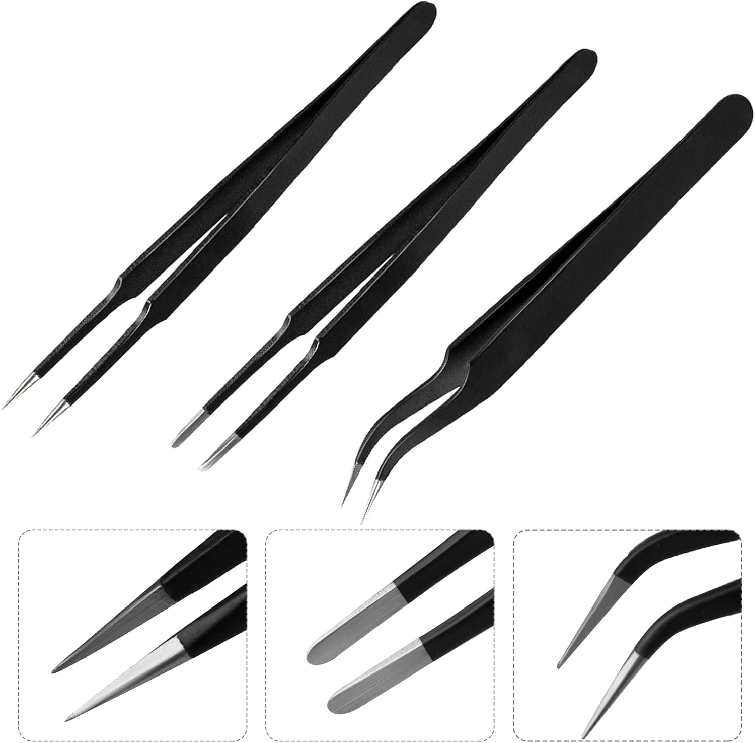 XINDA 3Pcs Anti-Static Precision Tweezers Set Modelling Tweezers for Crafting Include Needle Nose Thin Curved Tweezers for Electronic Repair, Handicraft, Laboratory, Jewelry Manufacturing Etc image number 4