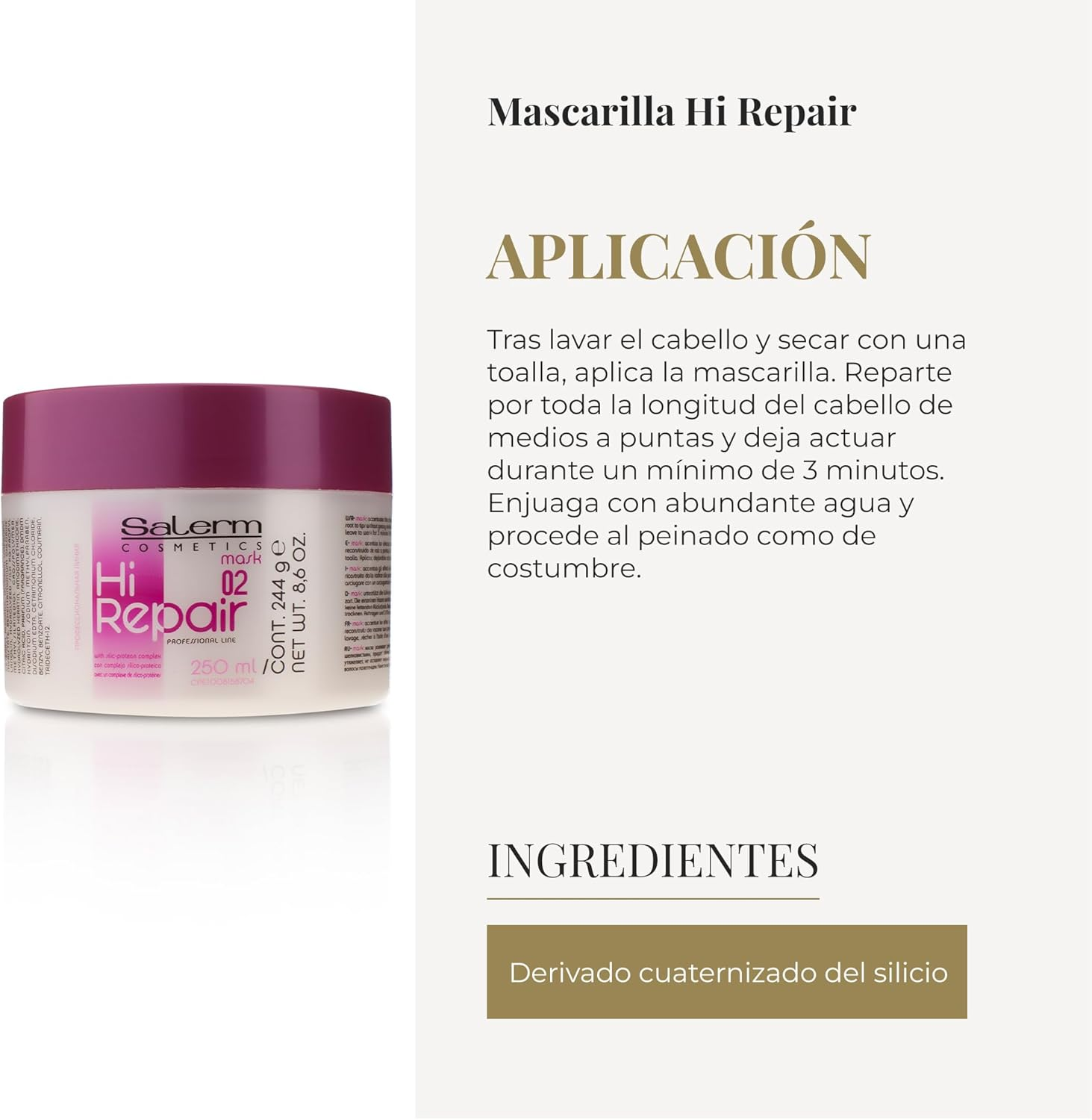 Salerm - Repairing Hair Mask - Hi Repair Mask 02-250 Ml - Deep Hydration for Damaged Hair - Repairs and Rejuvenates - Shinier and Softer Hair - Immediate Effect image number 5