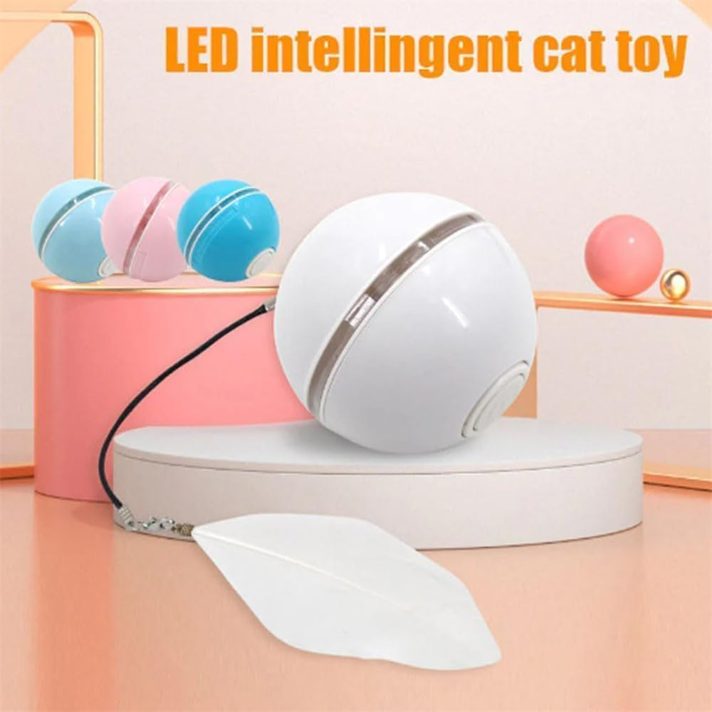 Automatic LED Intelligent Cat Ball, Automatic Rolling Ball with Feather and Lights, Rechargeable Cat Toy with Smart Sleep Mode, Smart Cat Hunting Toy, USB Charging Moving Cat Ball (White) - Pink+White+Blue image number 7
