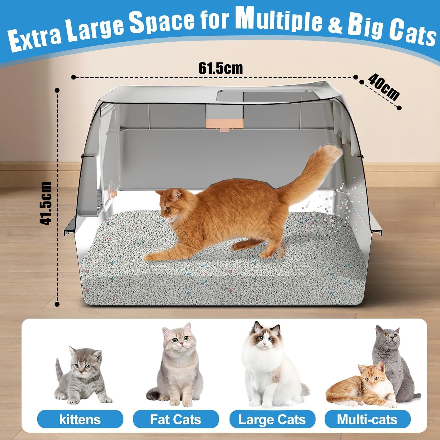 LIODUX 3-In-1 Cat Metal Litter Box Set, Stainless Steel Litter Box with Lid, Extra Large Litter Box for Big Cats, Top Entry Litter Box Enclosed with Double Filter Pedal & Scoop High Sided image number 2