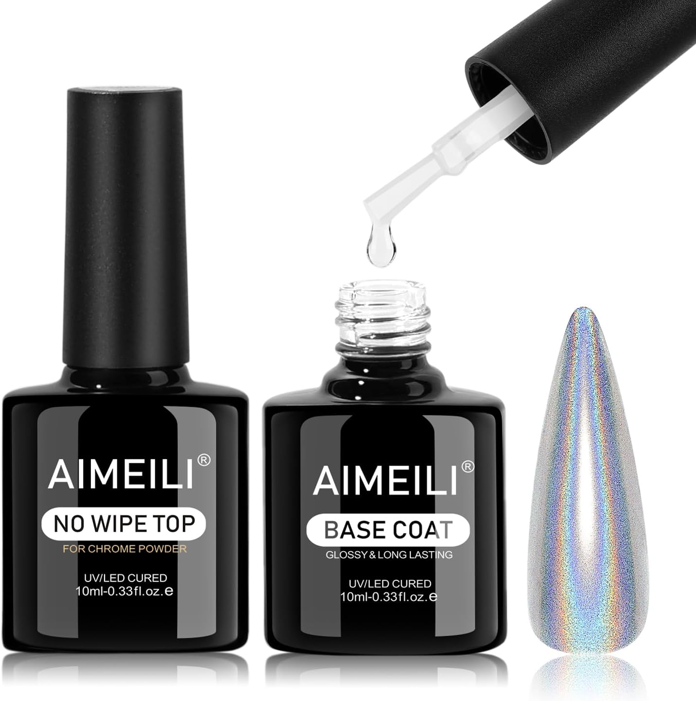 AIMEILI Gel Top Coat for Chrome Nail Powder, Hema Free, Cruelty Free, Vegan, Clear No Wipe High Gloss Top Gel Nail Polish Mirror Shine Long Lasting