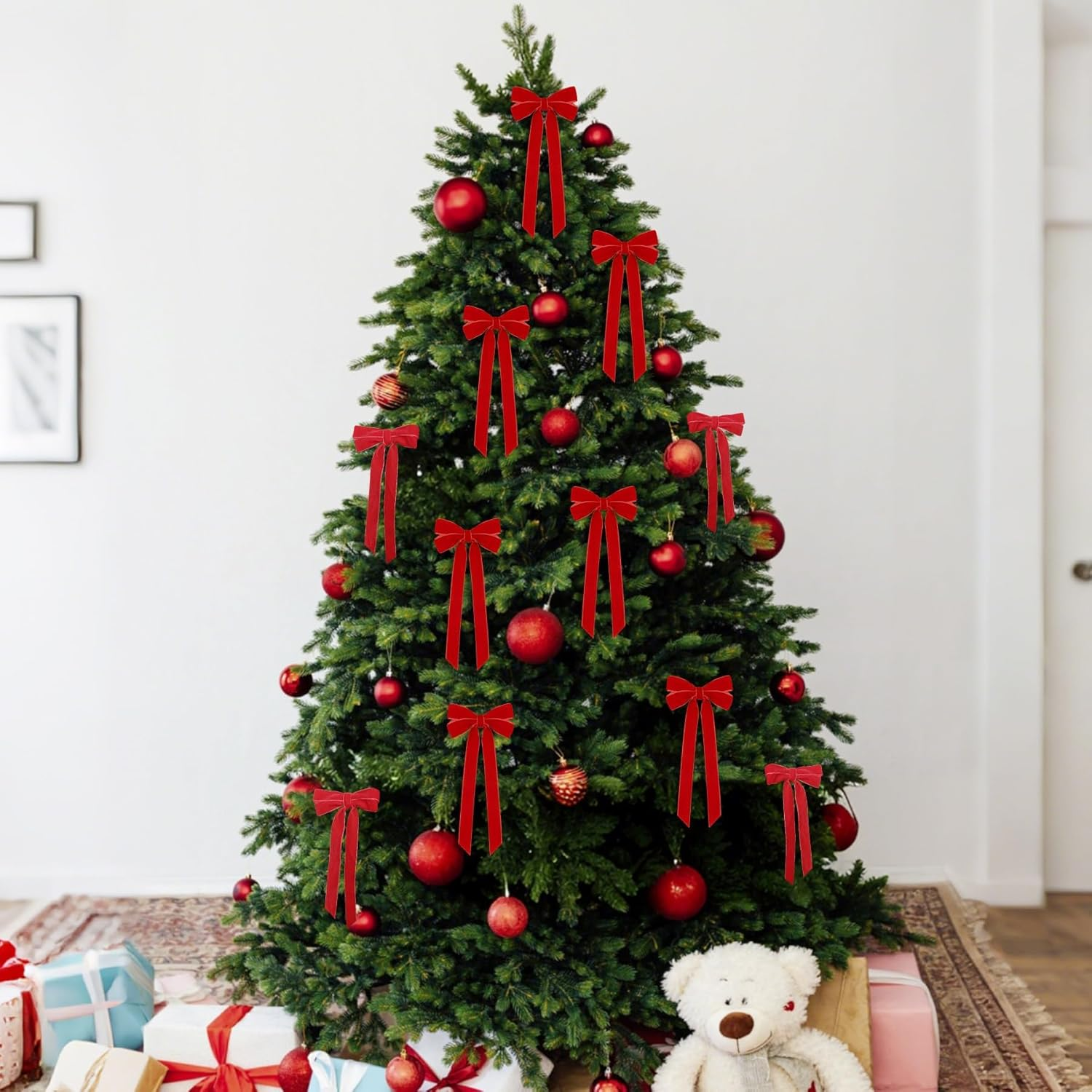 ZZWILLB 12Pcs Velvet Ribbon Bows Christmas Tree Decorations,13Cm X 26Cm Xmas Ornaments for Tree Home Party Front Door Wreath Garland Holiday Decor (Red) image number 5