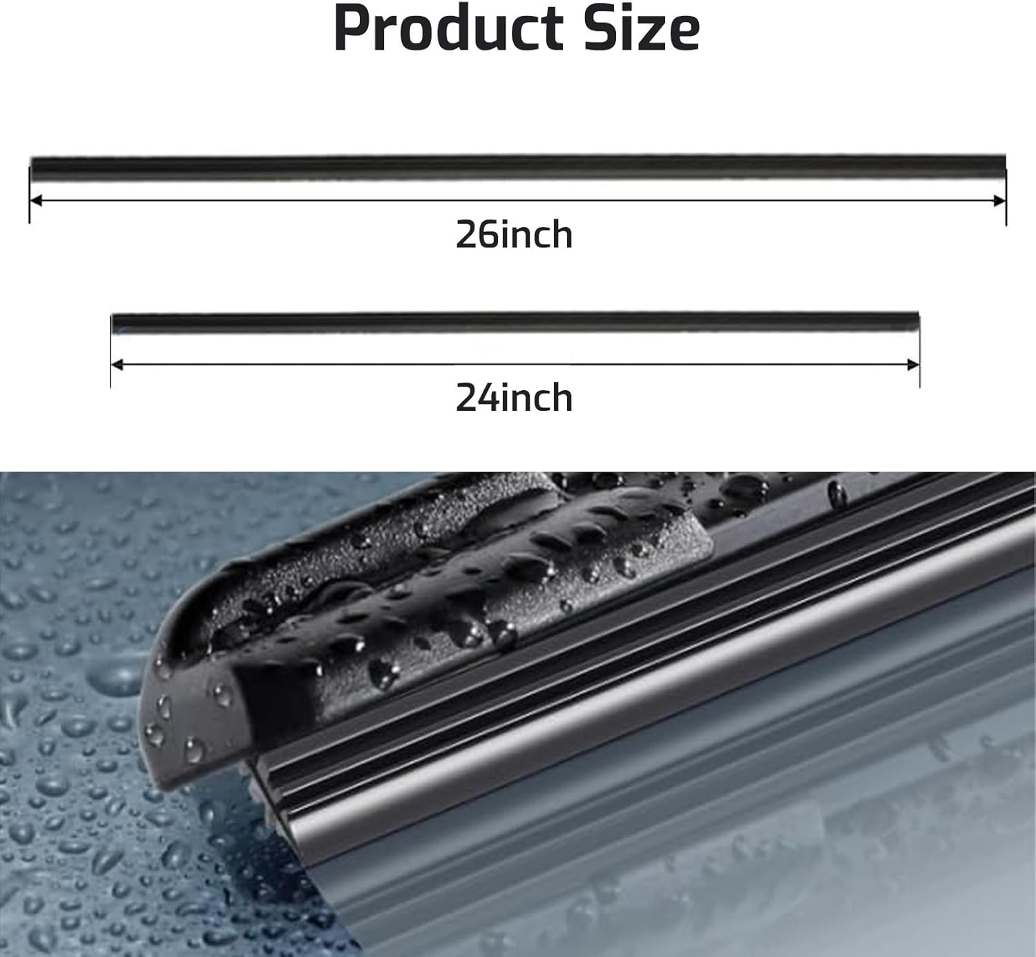 2 Pack Silicone Wiper Blade Refills 24"+26" - Frameless Hybrid Windshield Wipers Replacement with Rubber Sealing Strip, Quiet Wiping Technology for Rain/Snow/Dust- All-Weather Dustproof Design image number 2