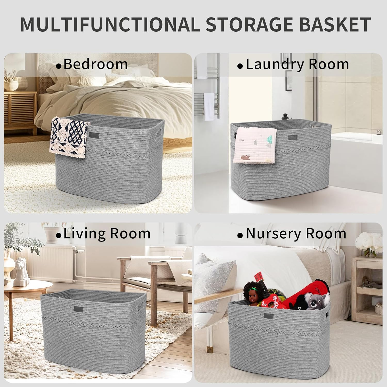 Fortuco 96L Woven Cotton Rope Laundry Basket &ndash; Large Laundry Hamper & Clothes Hamper &ndash; Durable Foldable Dirty Clothes Basket & Clothes Basket for Bedroom, Bathroom & Home Storage (Grey) image number 5